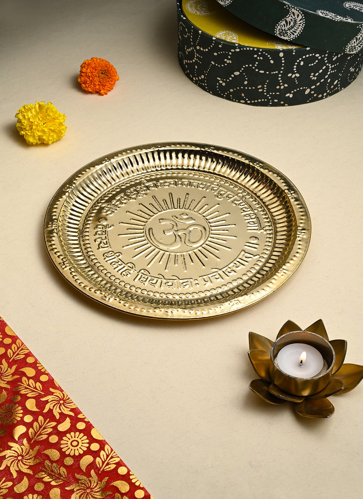 Madhoor Om Brass Pooja Thali Gold-Tone 24 cm 1 Piece