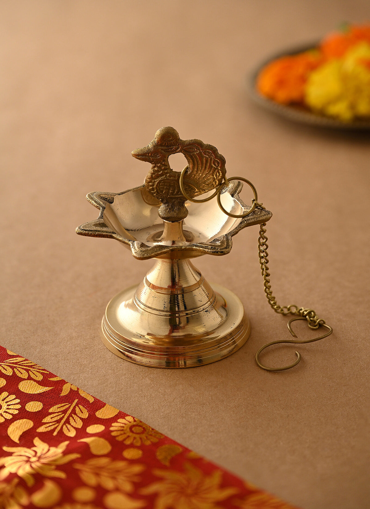 Madhoor Peacock Brass Diya Gold-Tone 11 cm 1 Piece