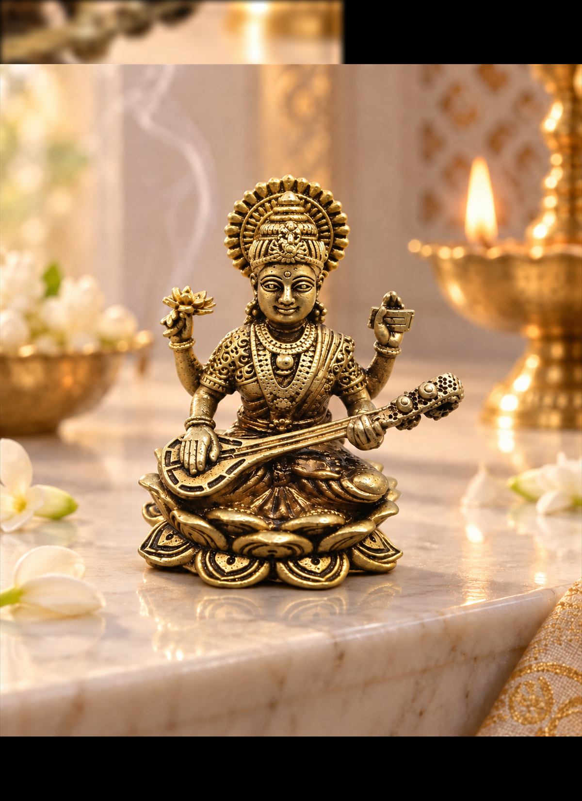 Madhoor Saraswati Brass Deity Idol Gold-Tone 48 mm 1 Piece