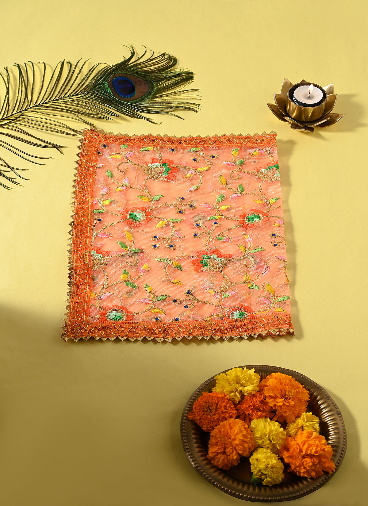 Madhoor Embroidered Vine Deity Idol Chunri Peach 13 x 20 Inches