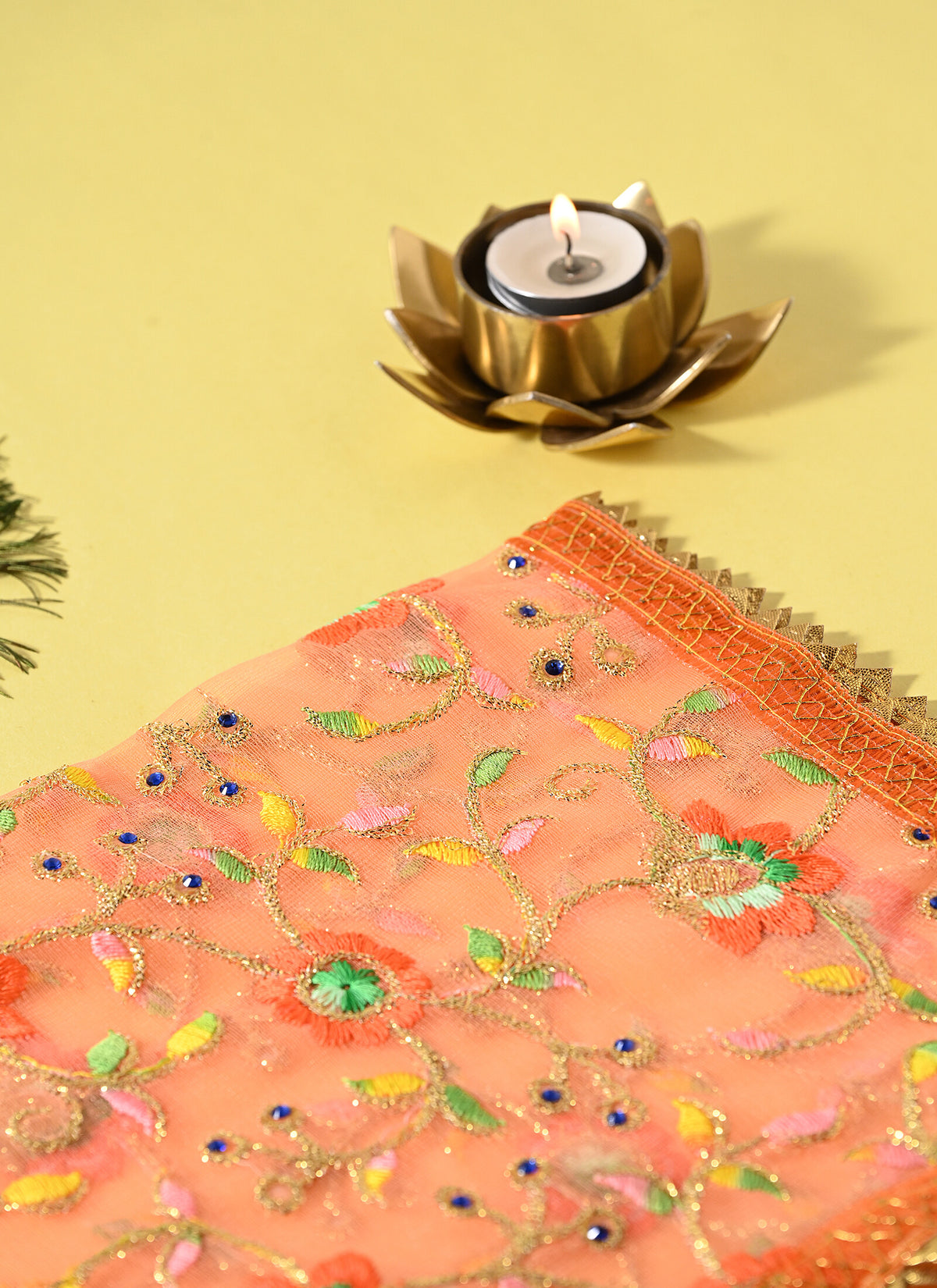 Madhoor Embroidered Vine Deity Idol Chunri Peach 13 x 20 Inches