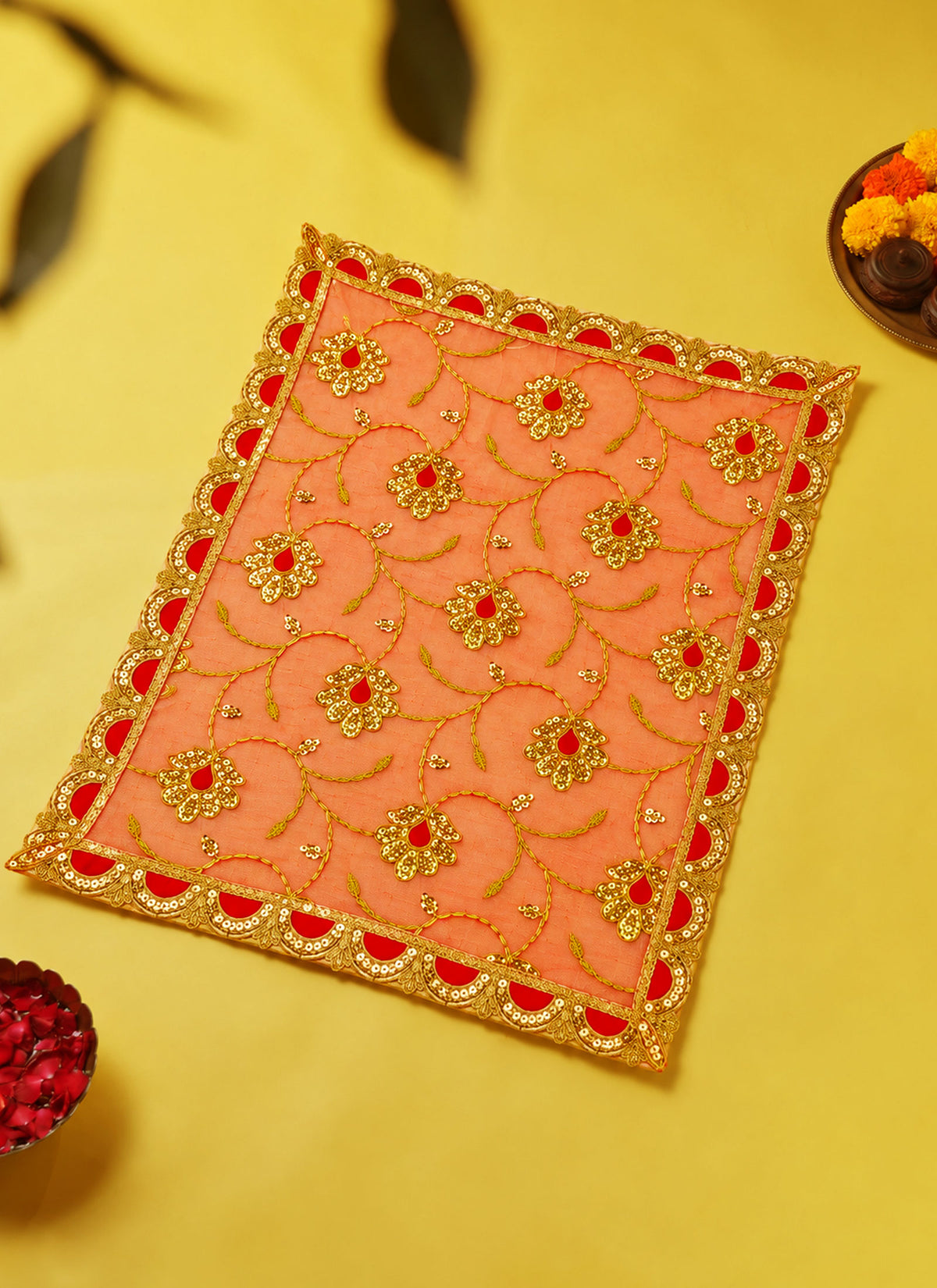 Madhoor Scalloped Deity Idol Chunri Orange Red 13 x 20 Inches
