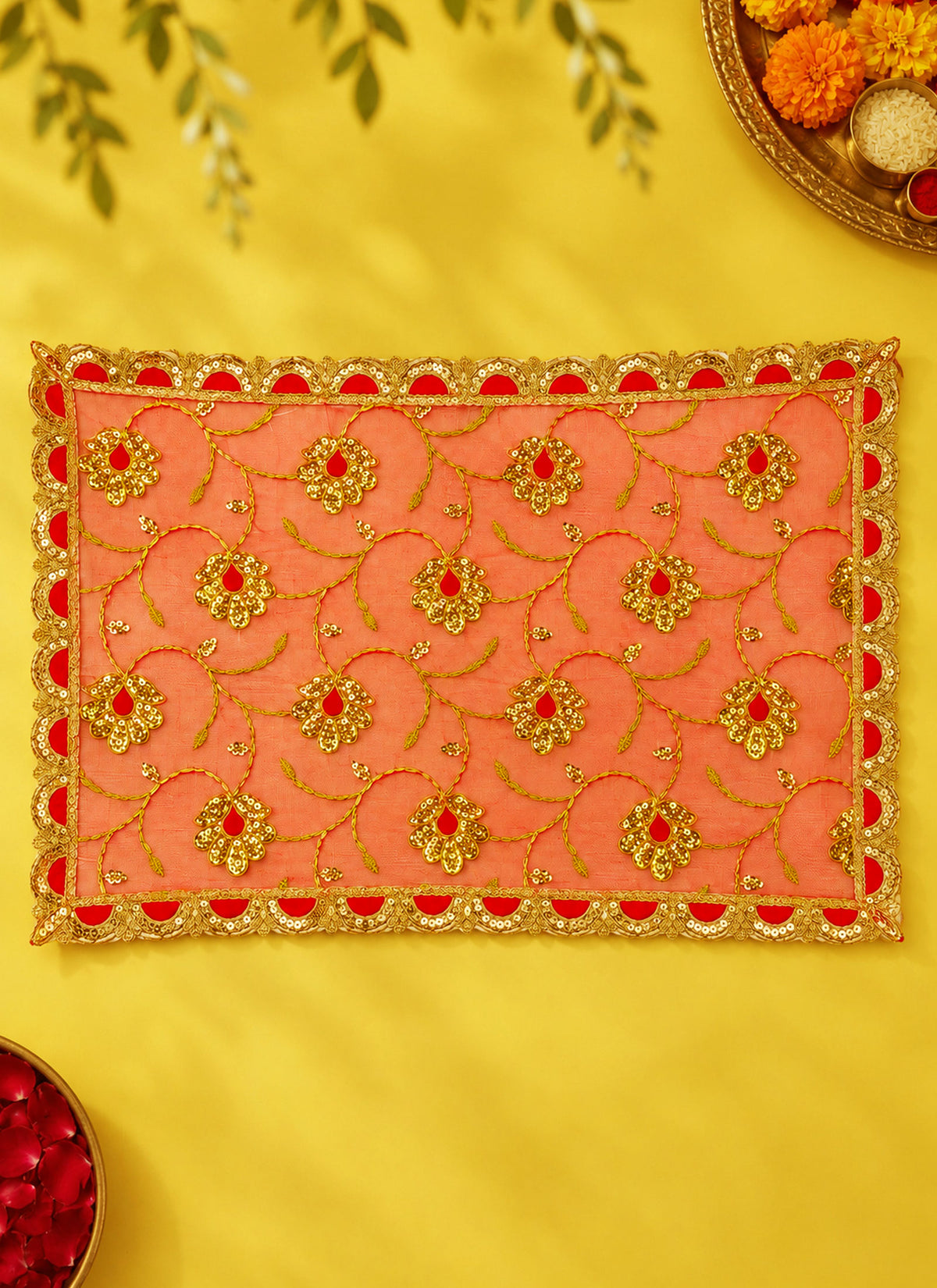 Madhoor Scalloped Deity Idol Chunri Orange Red 13 x 20 Inches