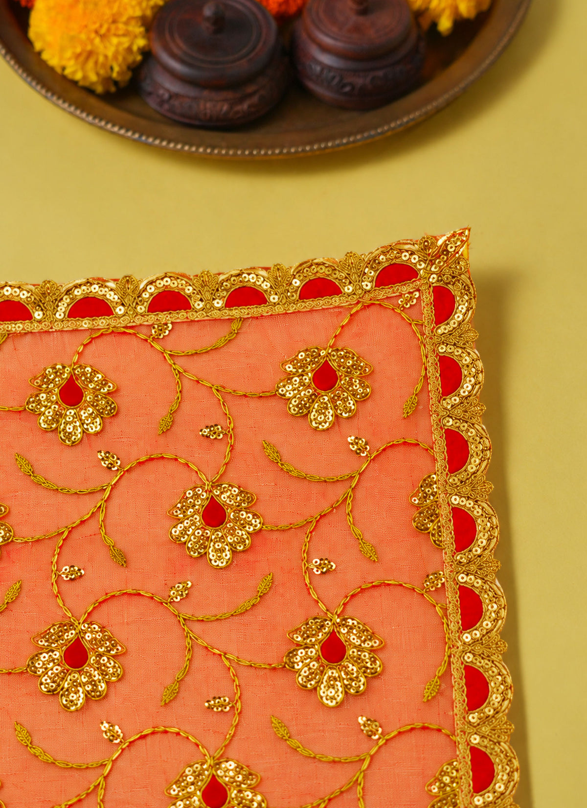 Madhoor Scalloped Deity Idol Chunri Orange Red 13 x 20 Inches