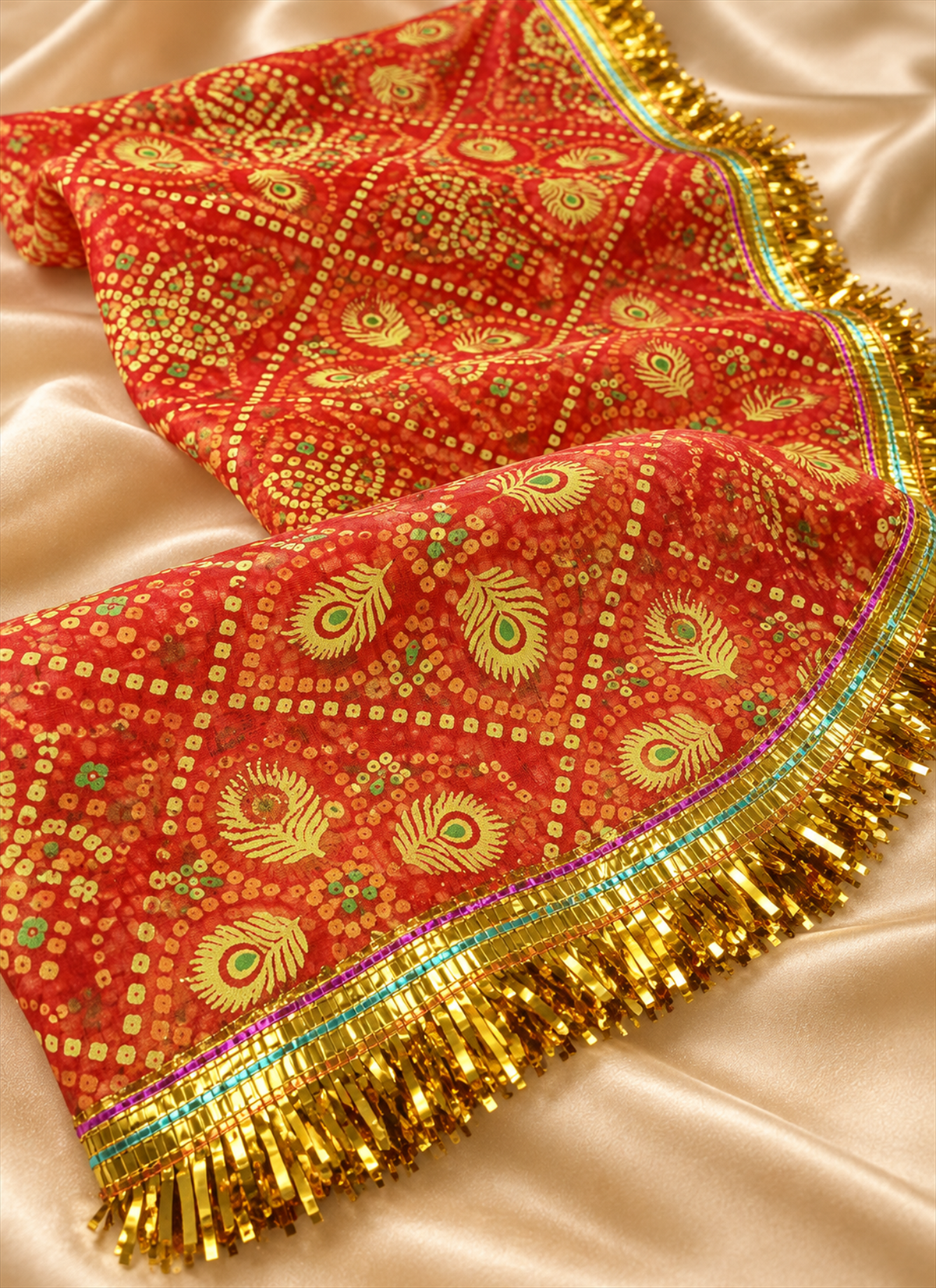 Madhoor Peacock Bandhani Deity Idol Chunri Red 2m