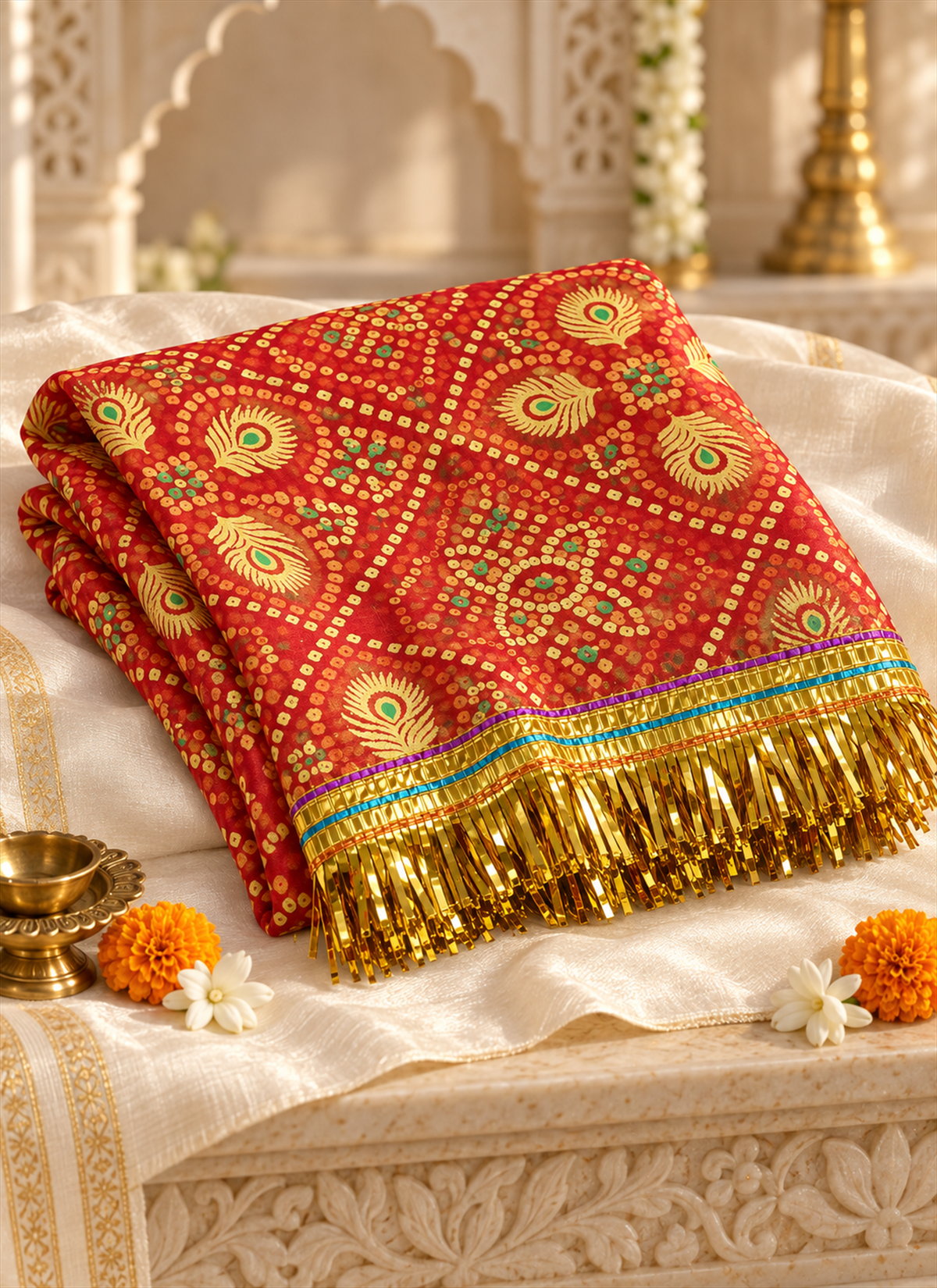 Madhoor Peacock Bandhani Deity Idol Chunri Red 2m