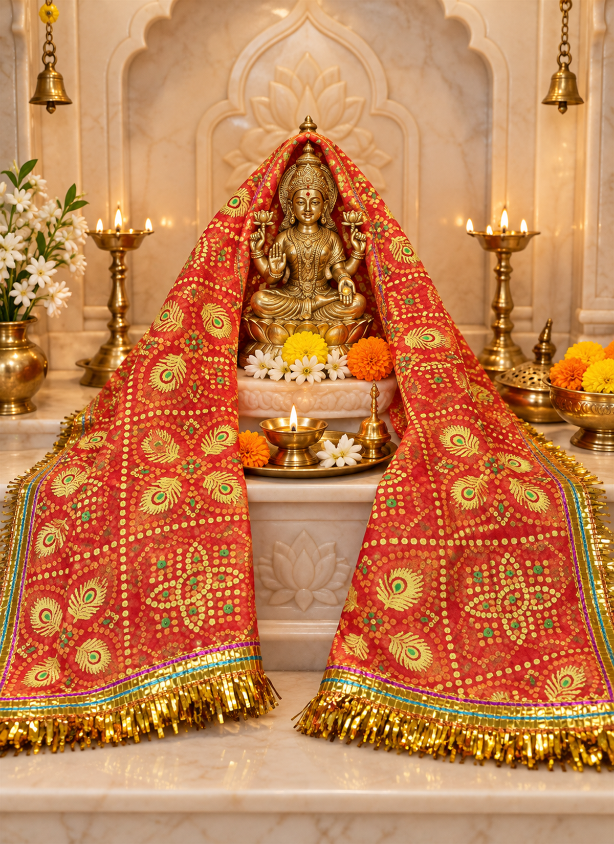 Madhoor Peacock Bandhani Deity Idol Chunri Red 2m
