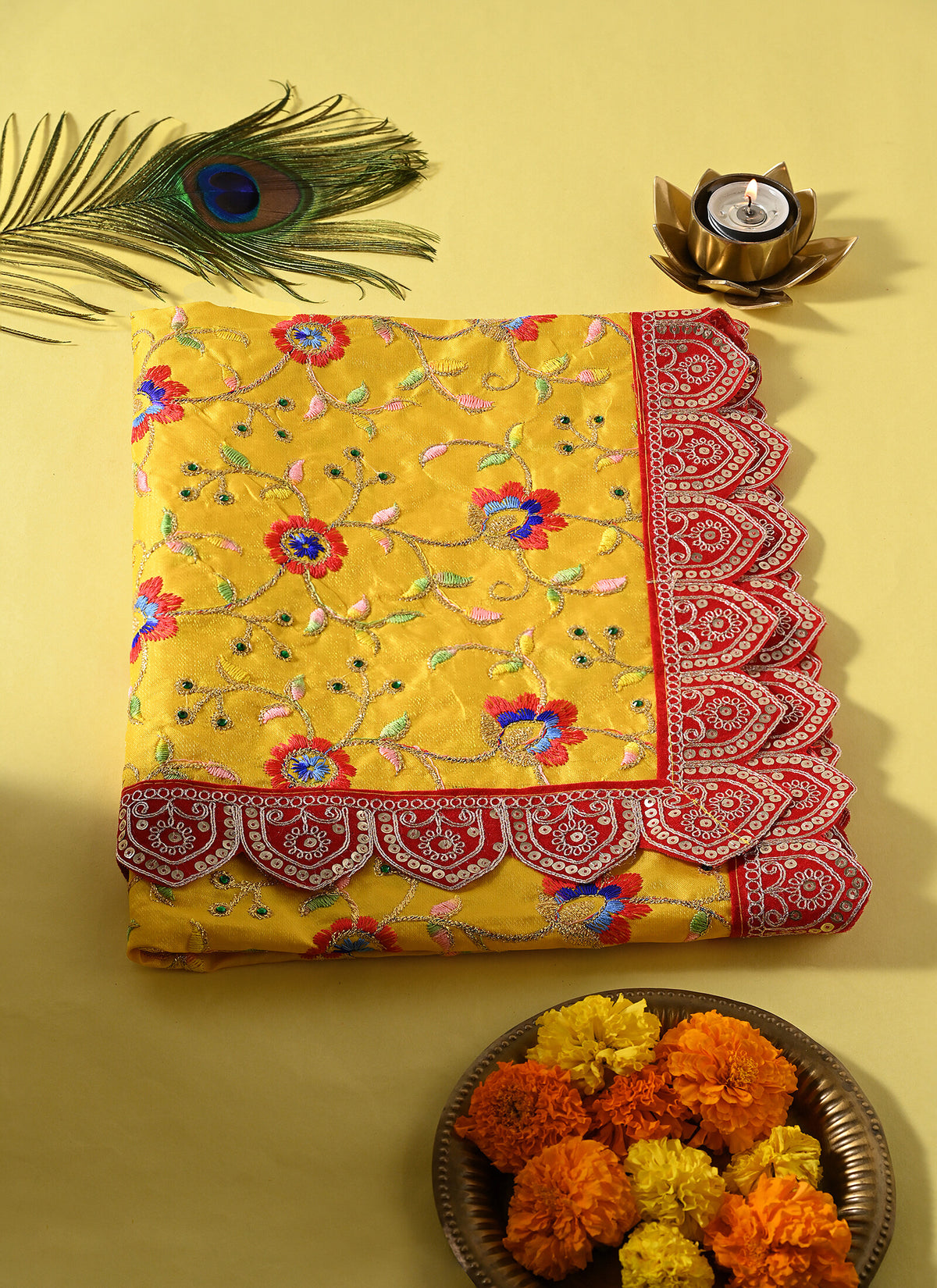 Madhoor Floral Deity Idol Chunri Yellow 20 x 40 Inches
