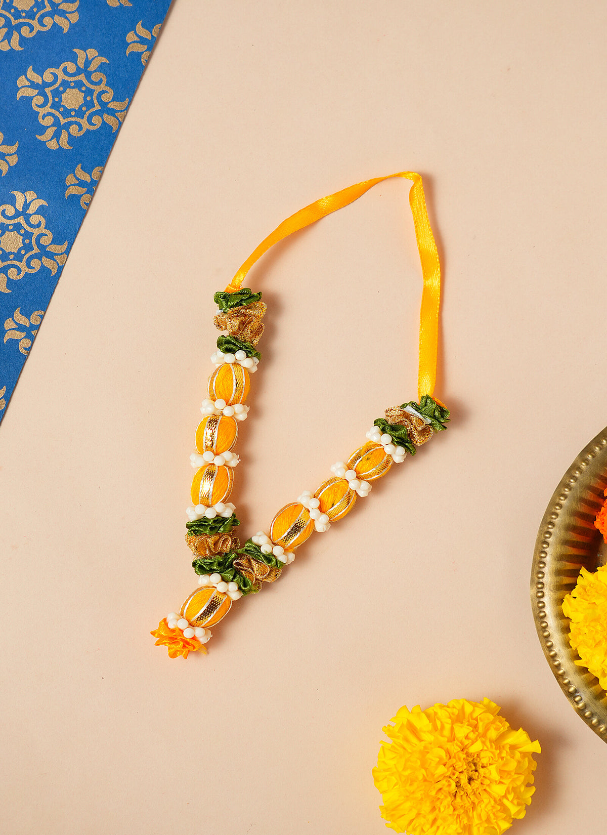 Madhoor Har Garland Silk Ball Yellow Green Ivory 3.5 Inches 1 Piece