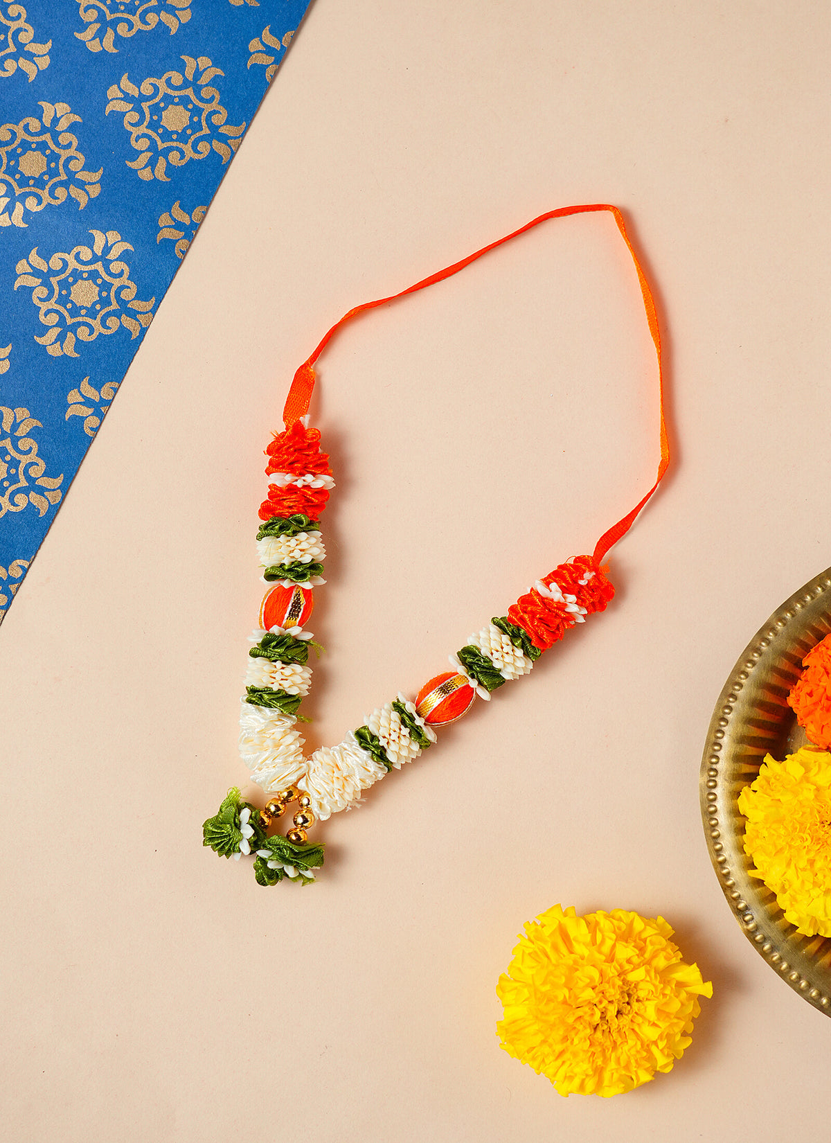 Madhoor Har Garland Floral Silk Orange Green Ivory 3 Inches 1 Piece