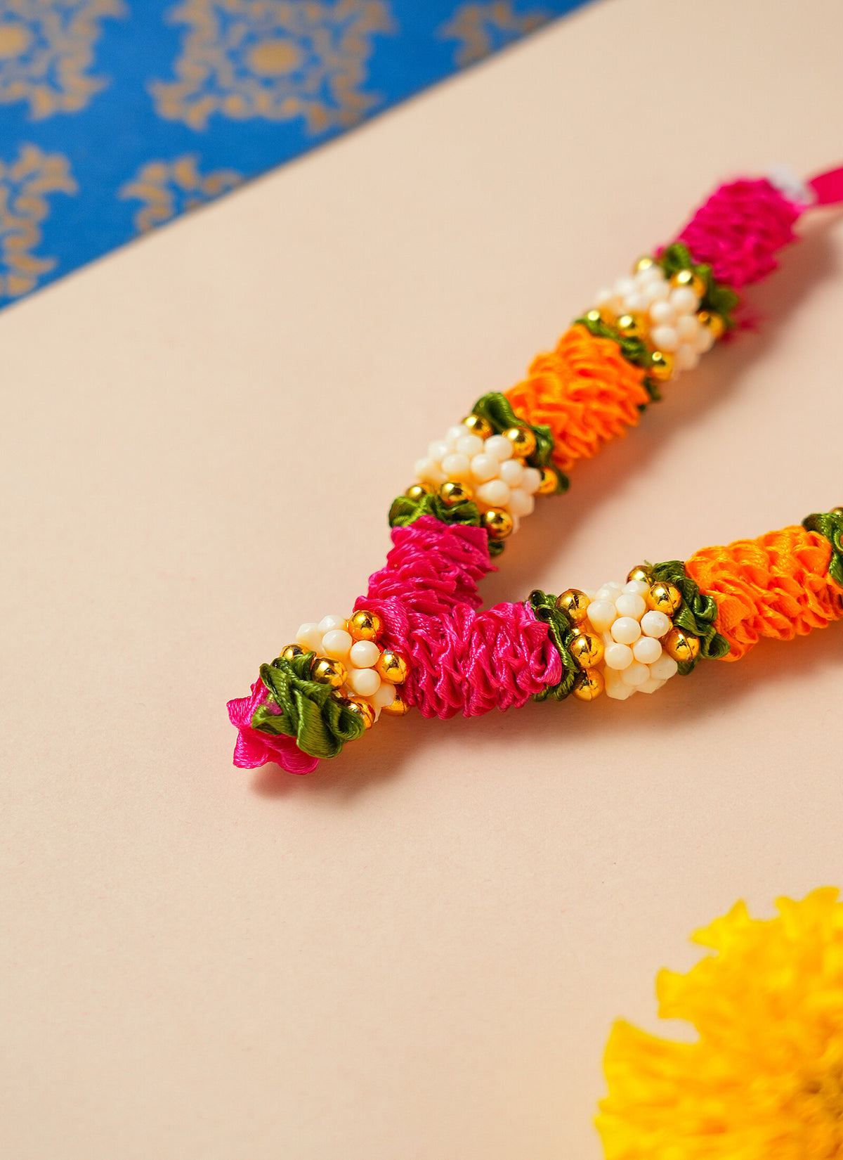Madhoor Har Garland Floral Silk Rani Pink Yellow Green 3.5 Inches 1 Piece
