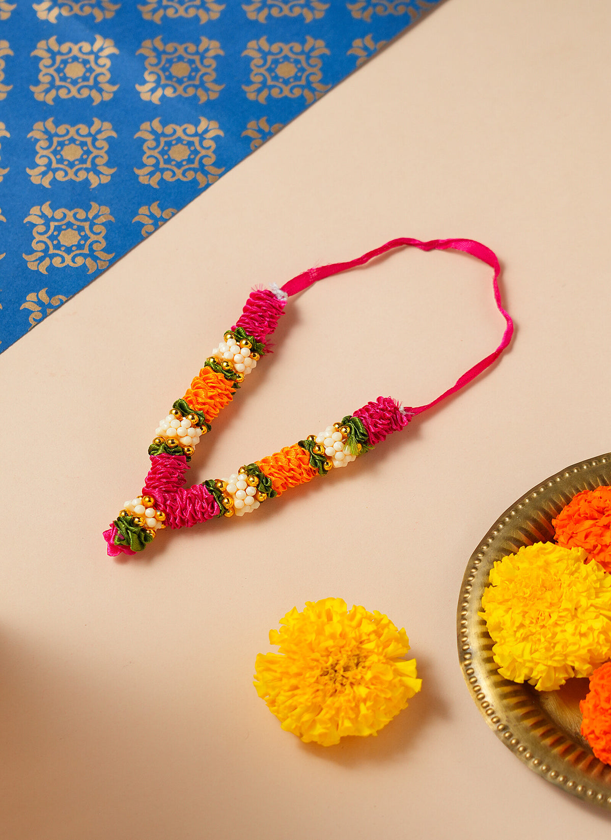 Madhoor Har Garland Floral Silk Rani Pink Yellow Green 3.5 Inches 1 Piece