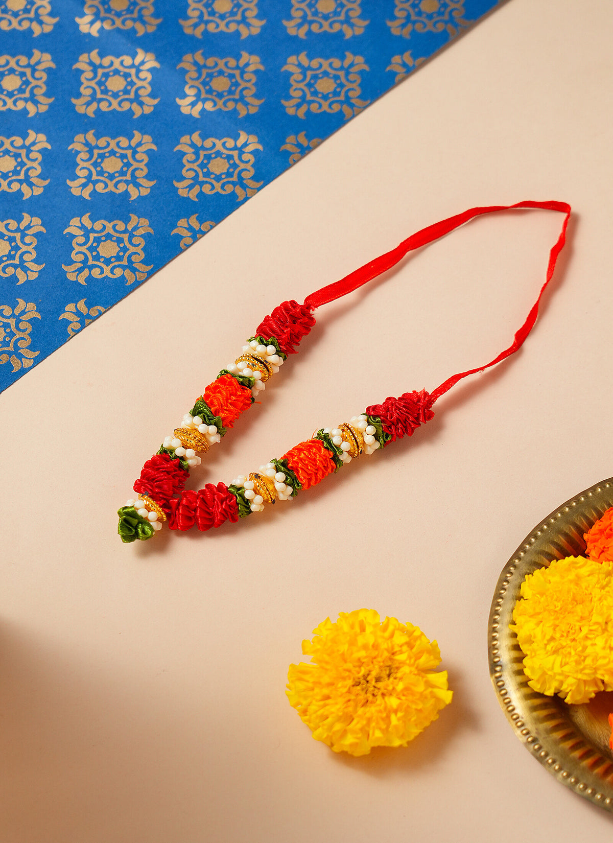 Madhoor Har Garland Floral Silk Maroon Orange Green 3.5 Inches 1 Piece
