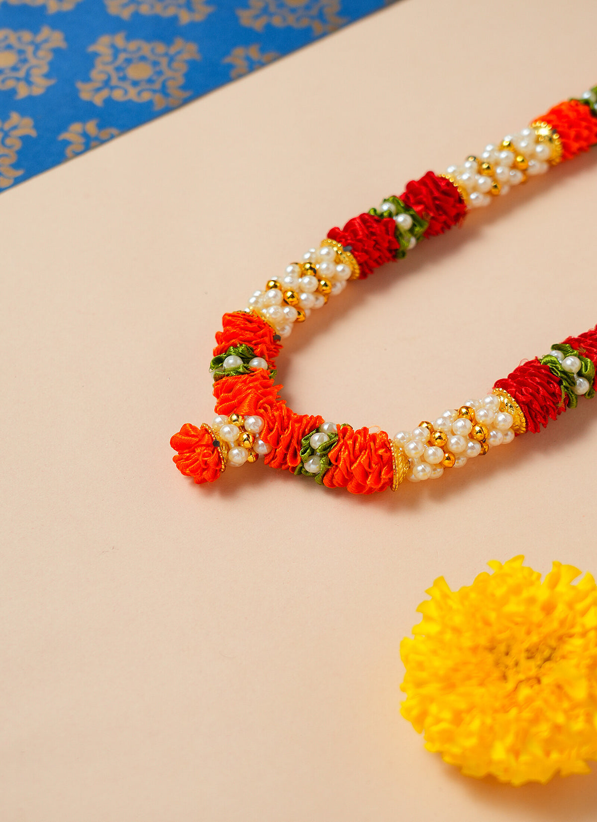Madhoor Har Garland Pearl Satin Flower Orange Red 7 Inches 1 Piece