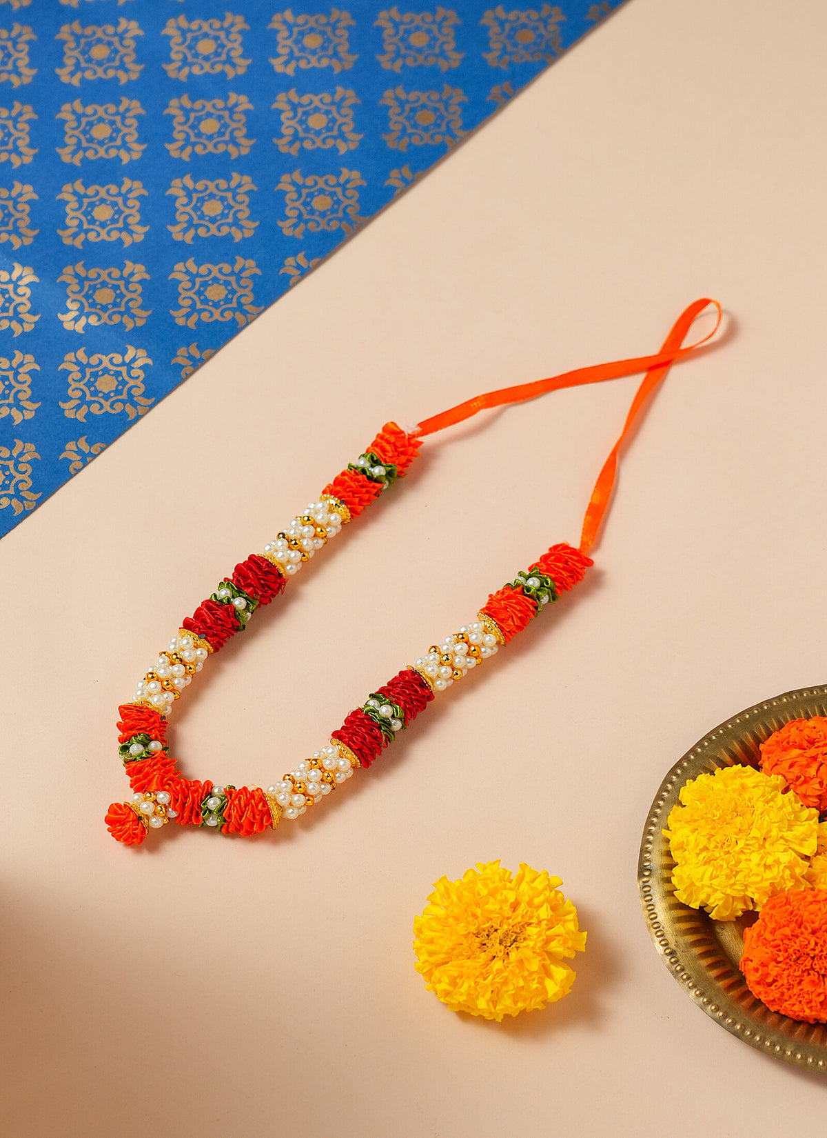 Madhoor Har Garland Pearl Satin Flower Orange Red 7 Inches 1 Piece