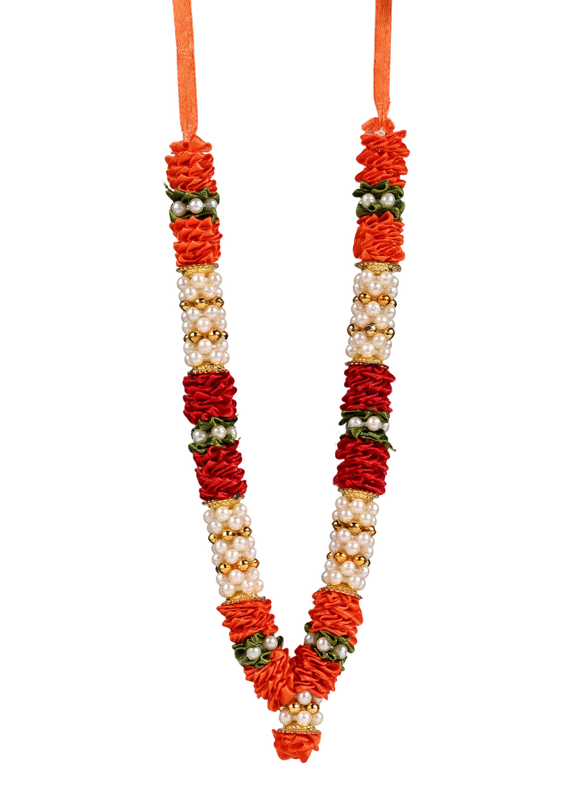 Madhoor Har Garland Pearl Satin Flower Orange Red 7 Inches 1 Piece