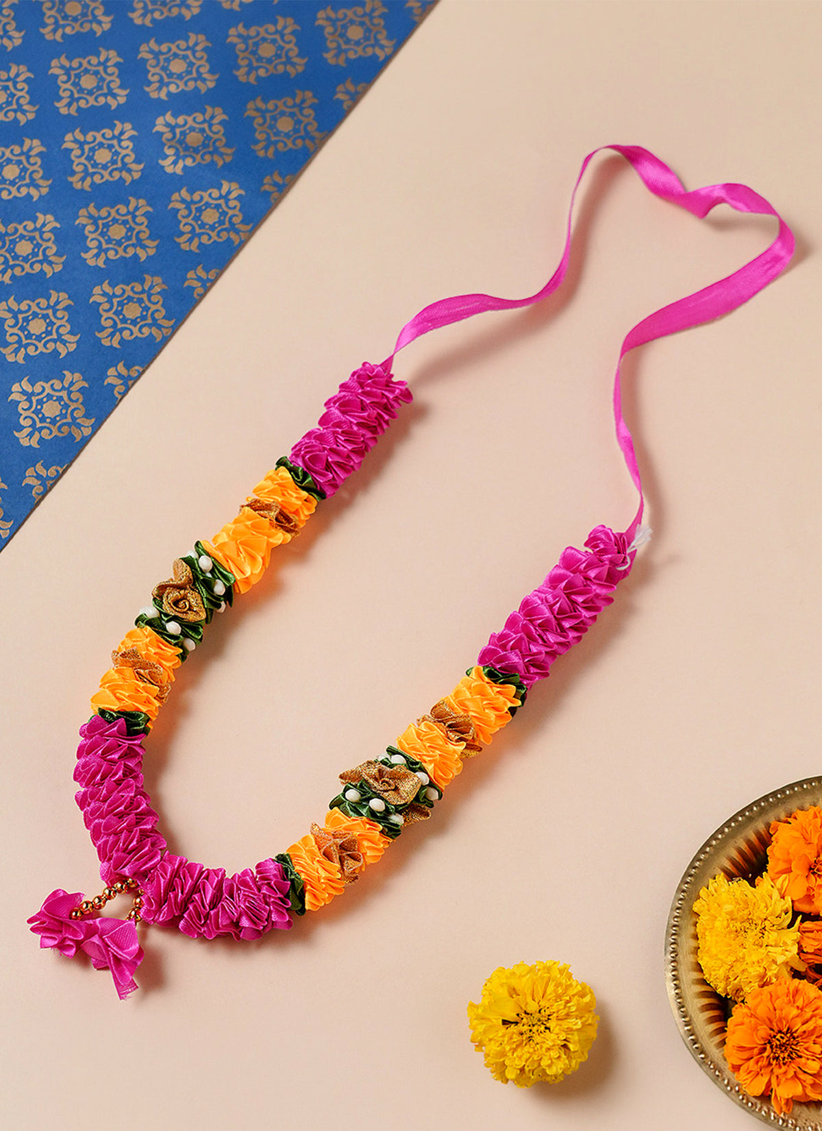 Madhoor Har Garland Satin Ribbon Rani Pink Yellow 10 Inches 1 Piece