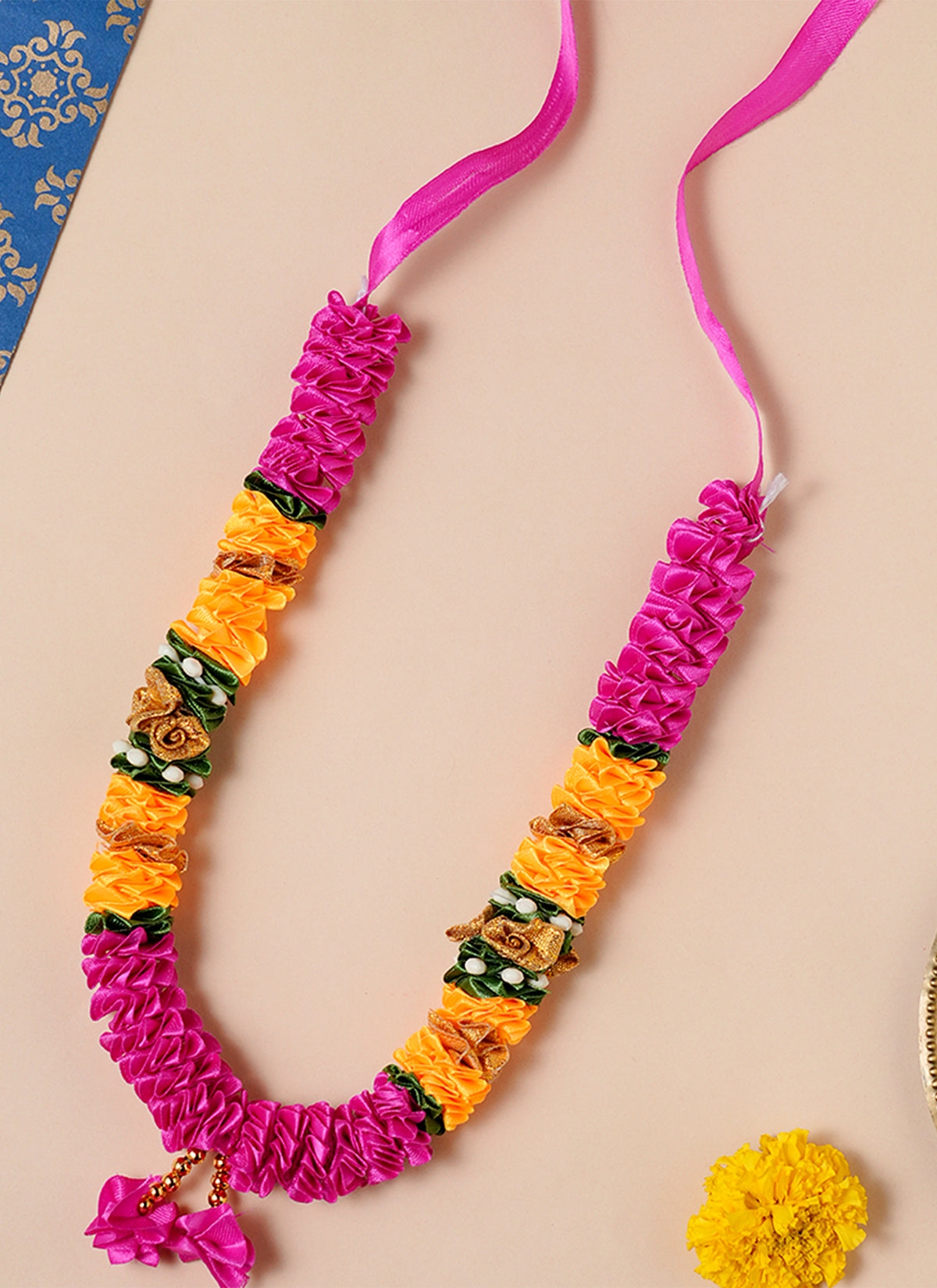 Madhoor Har Garland Satin Ribbon Rani Pink Yellow 10 Inches 1 Piece