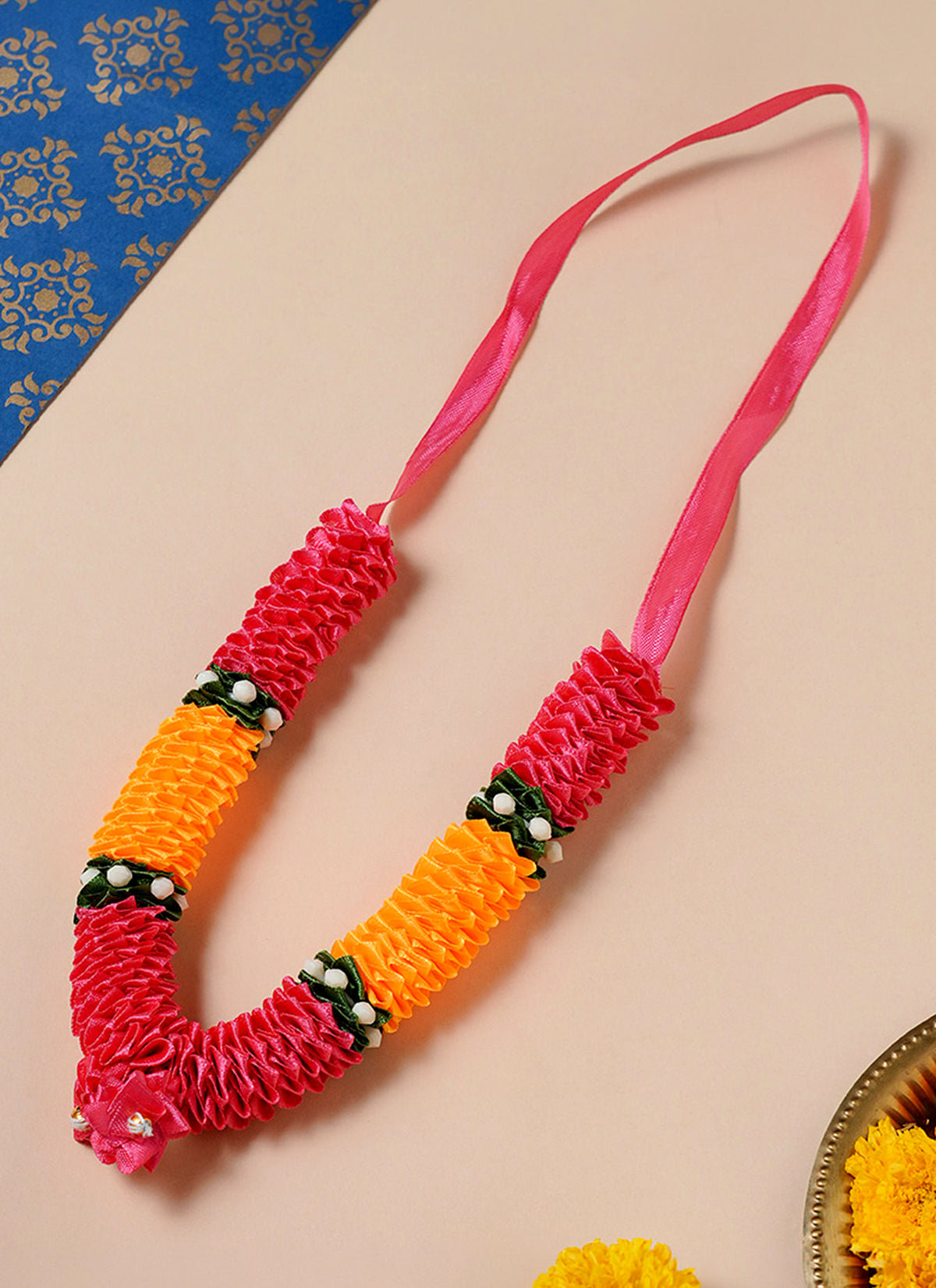 Madhoor Har Garland Satin Flower Rani Pink Orange 7 Inches 1 Piece