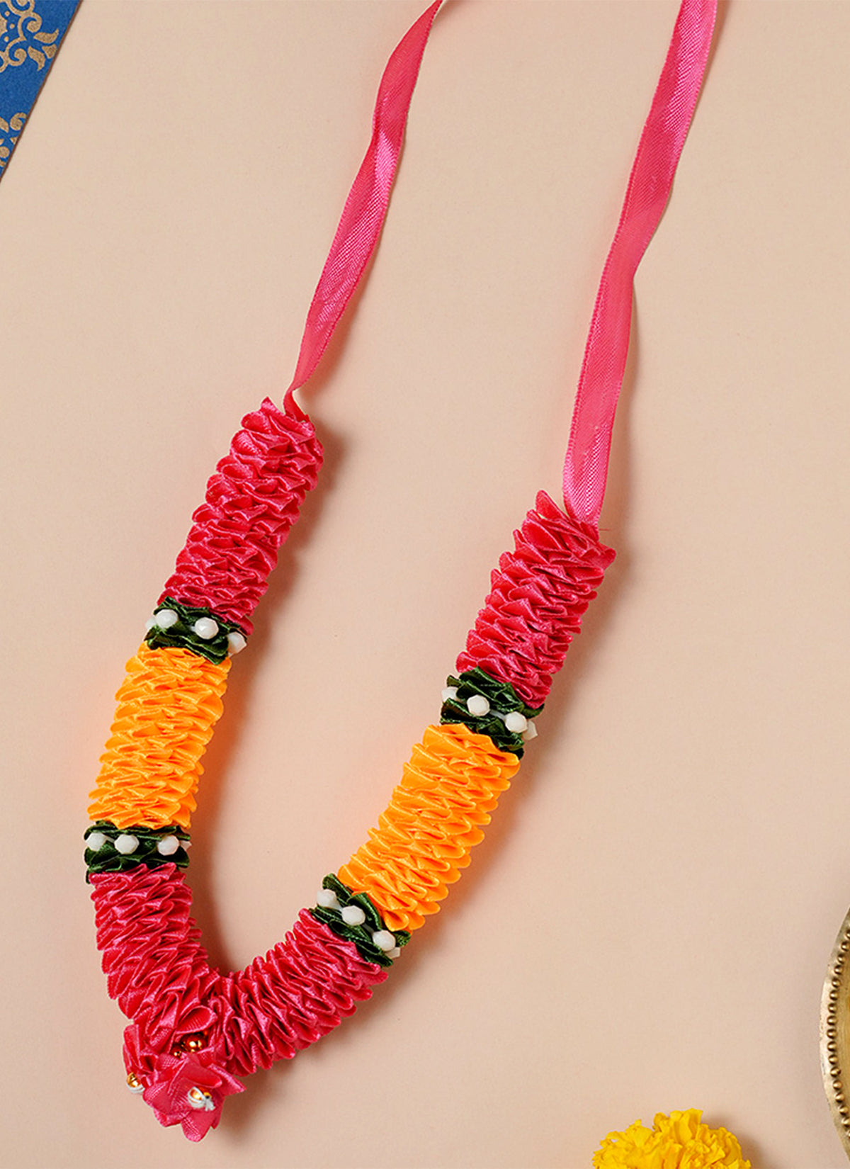 Madhoor Har Garland Satin Flower Rani Pink Orange 7 Inches 1 Piece