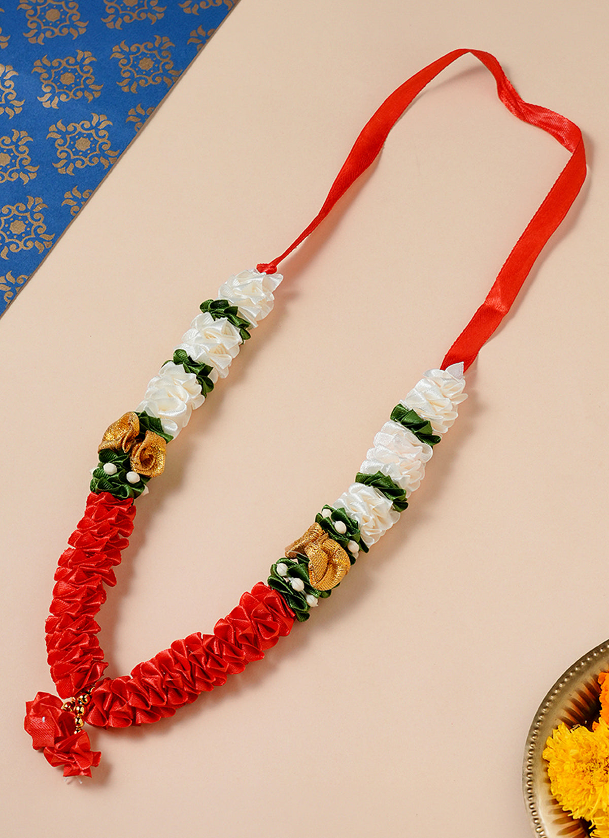 Madhoor Har Garland Satin Flower Red Cream 10 Inches 1 Piece