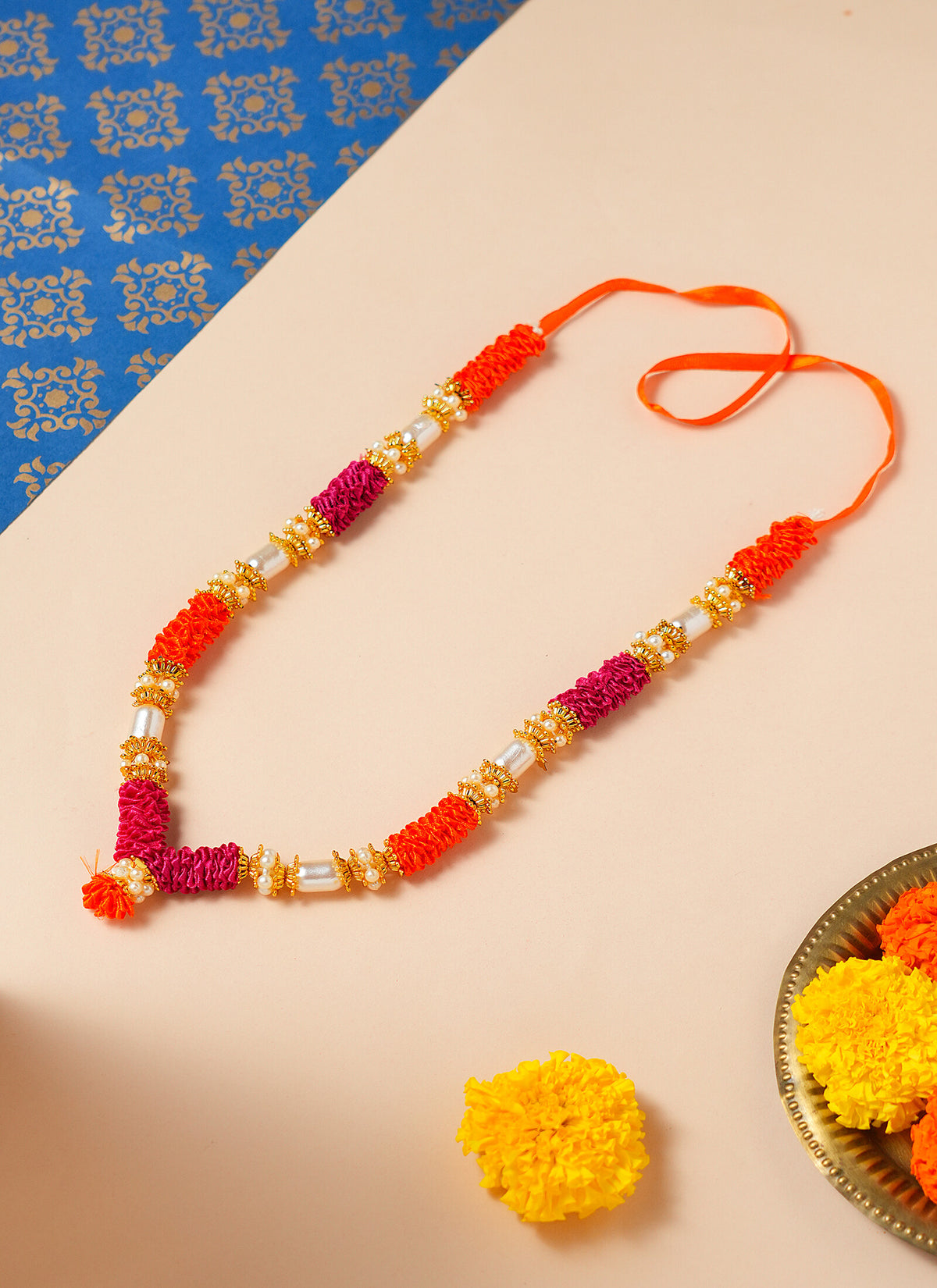 Madhoor Har Garland Flower Pearl Orange Rani Pink 10.5 Inches 1 Piece