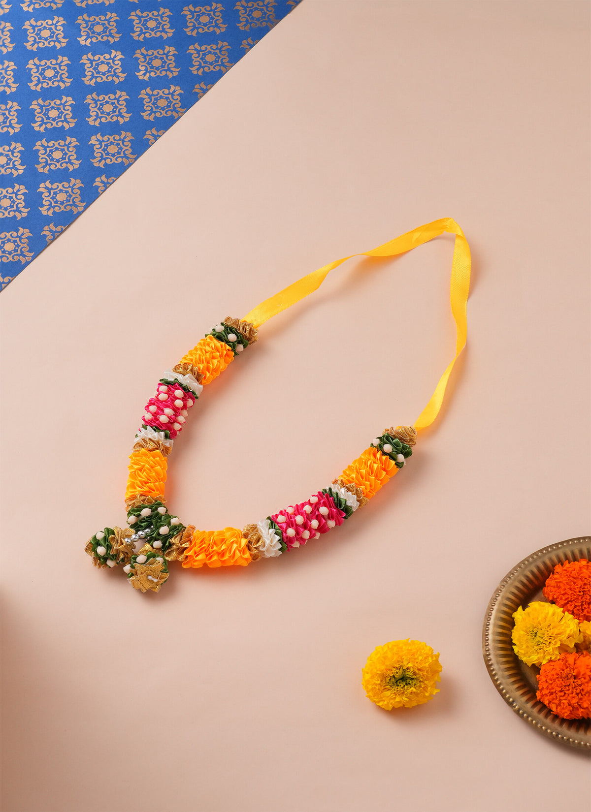 Madhoor Har Garland Flower Ribbon Rani Pink Yellow 7 Inches 1 Piece