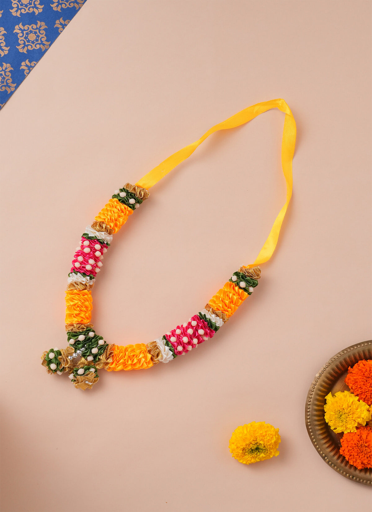 Madhoor Har Garland Flower Ribbon Rani Pink Yellow 7 Inches 1 Piece