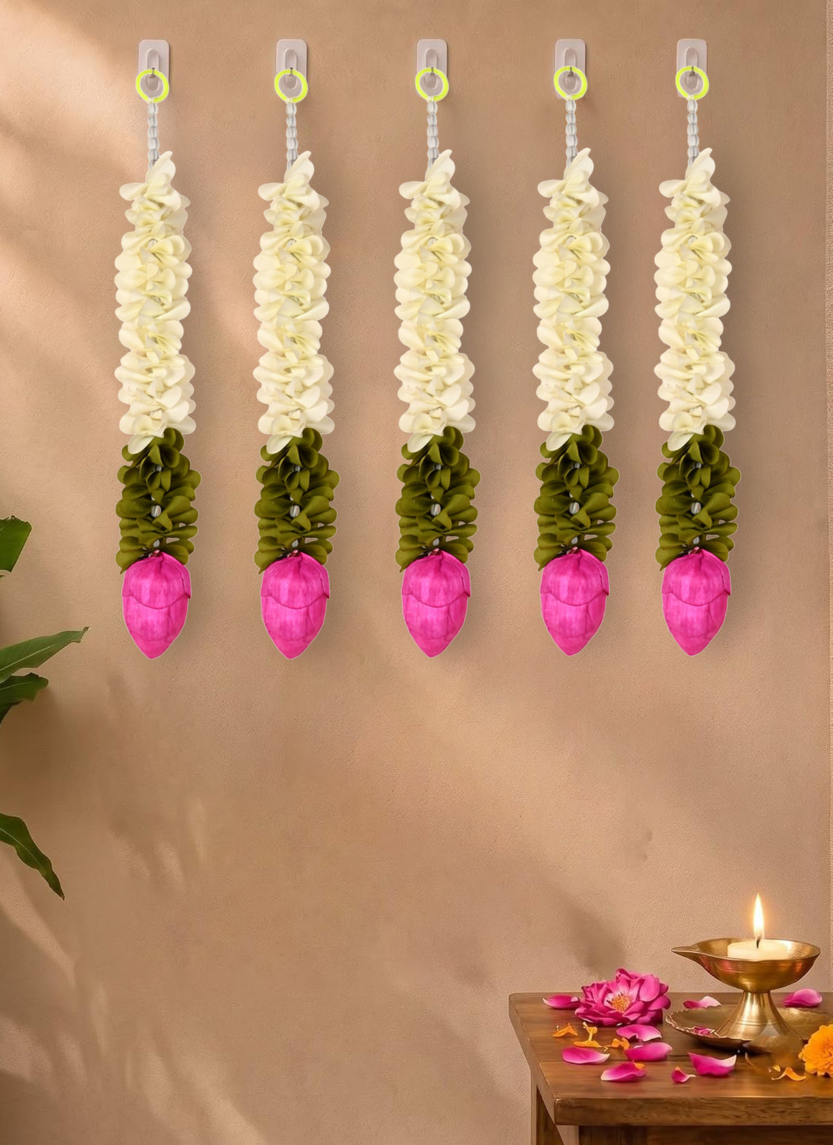 Madhoor Lotus Bud Hanging White Green Pink 12 Inches Set of 5