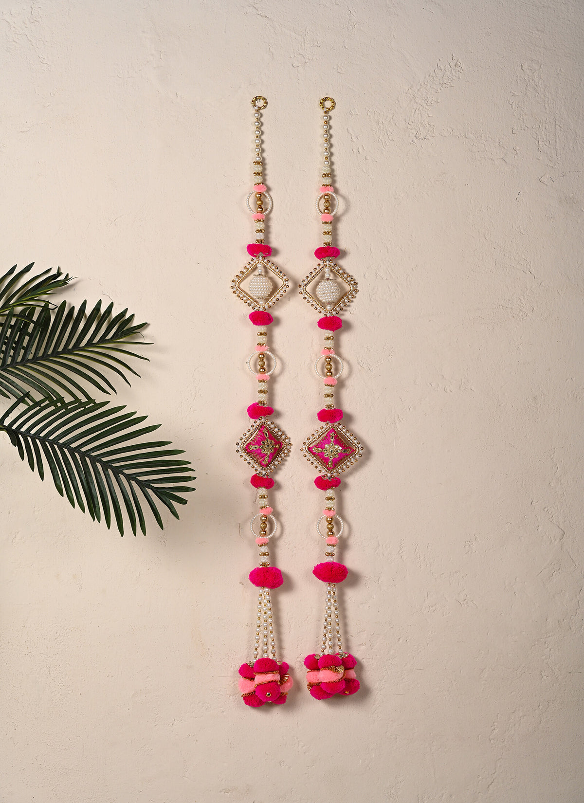 Madhoor Pearl Diamond Shaped Latkan Rani Pink 3 Feet Set of 2