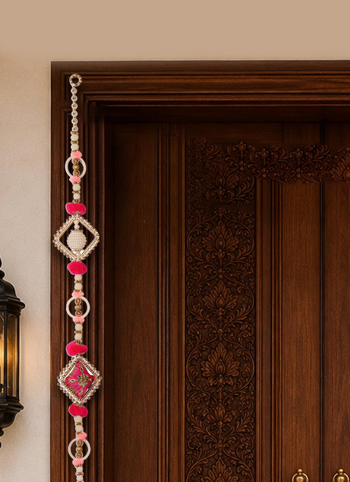 Madhoor Pearl Diamond Shaped Latkan Rani Pink 3 Feet Set of 2