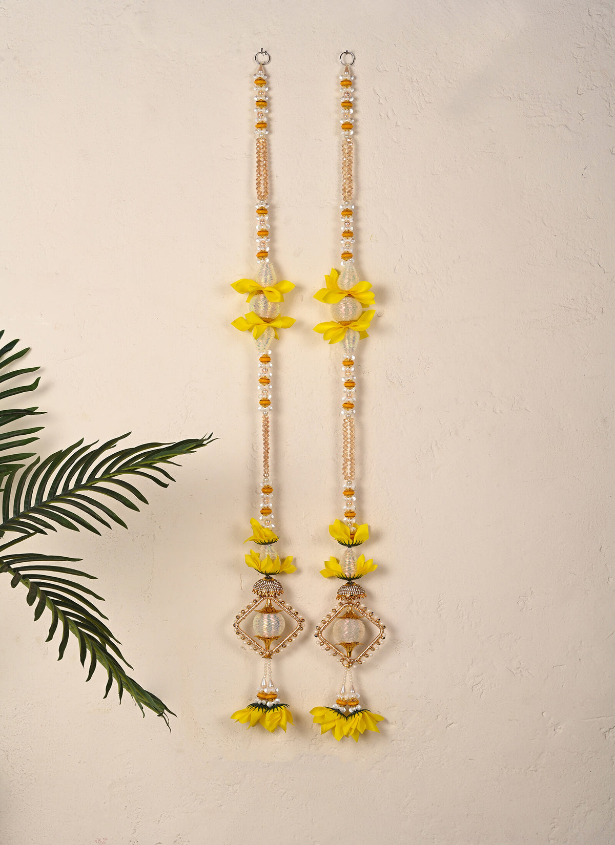 Madhoor Crystal Pearl Flower Latkan Yellow 3 Feet Set of 2