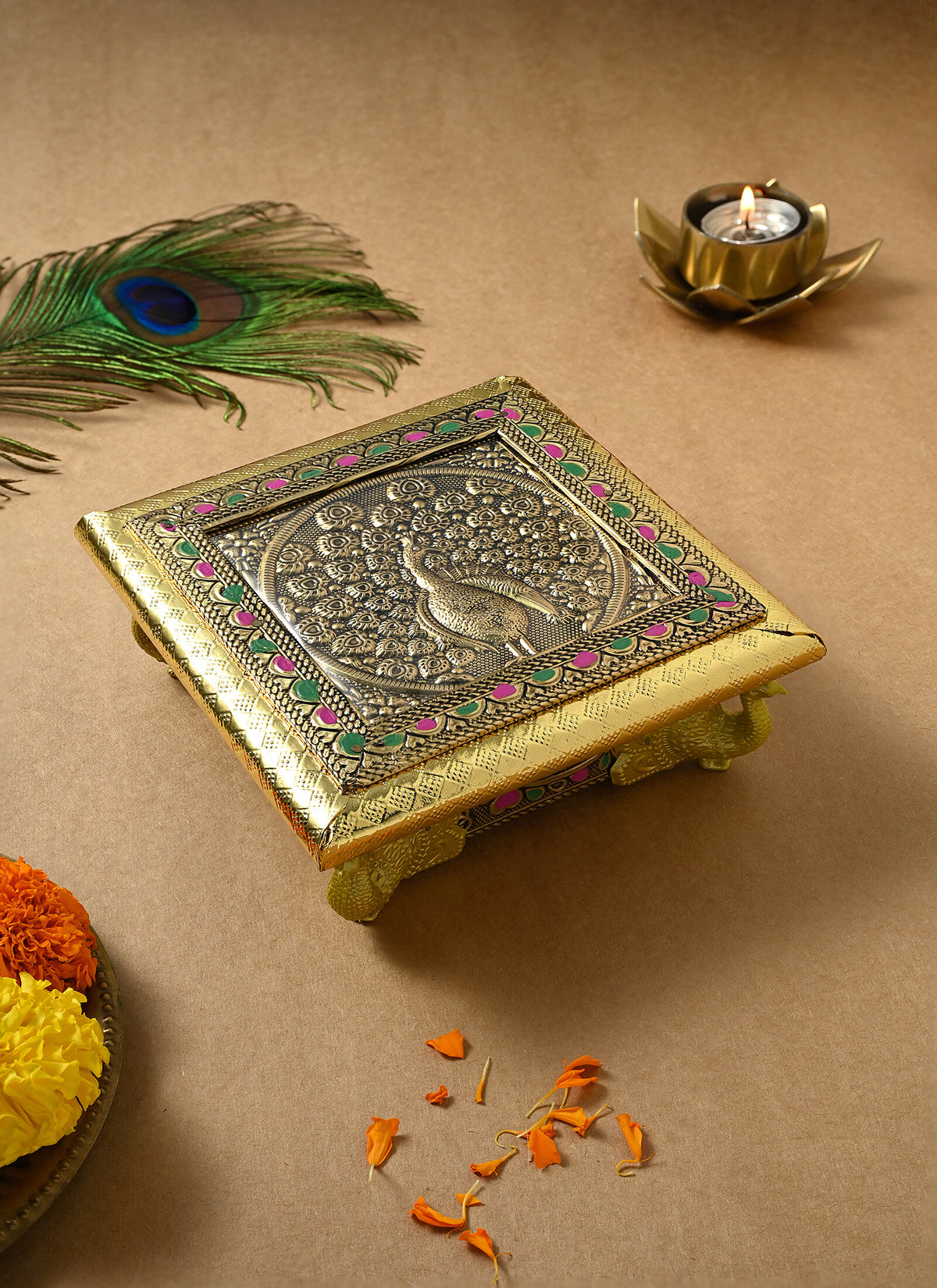 Madhoor Peacock Pooja Chowki Gold-Tone 6 x 6 Inches