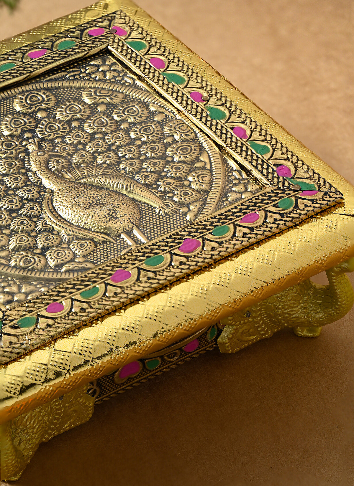 Madhoor Peacock Pooja Chowki Gold-Tone 6 x 6 Inches
