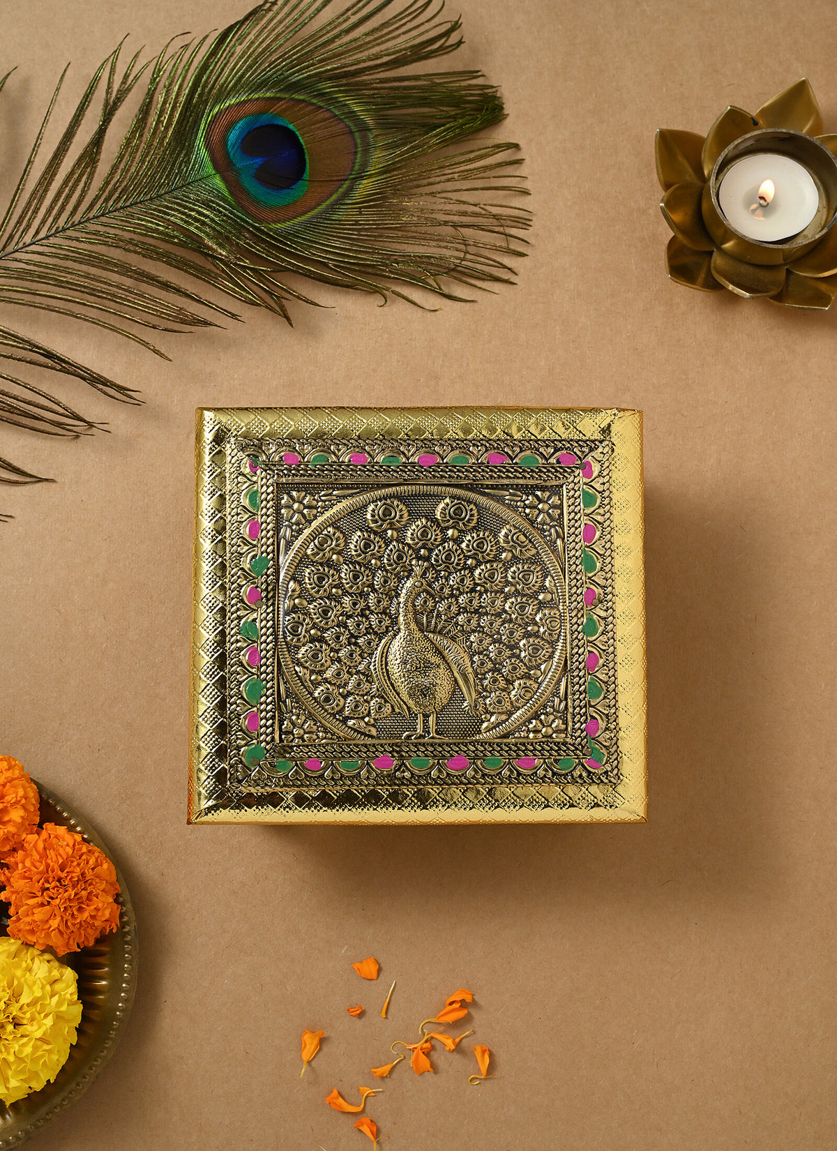 Madhoor Peacock Pooja Chowki Gold-Tone 6 x 6 Inches