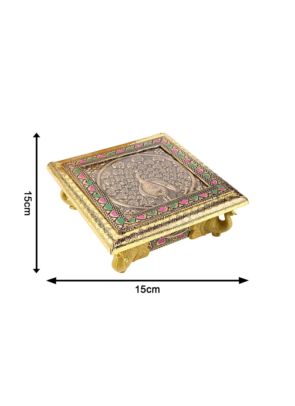 Madhoor Peacock Pooja Chowki Gold-Tone 6 x 6 Inches