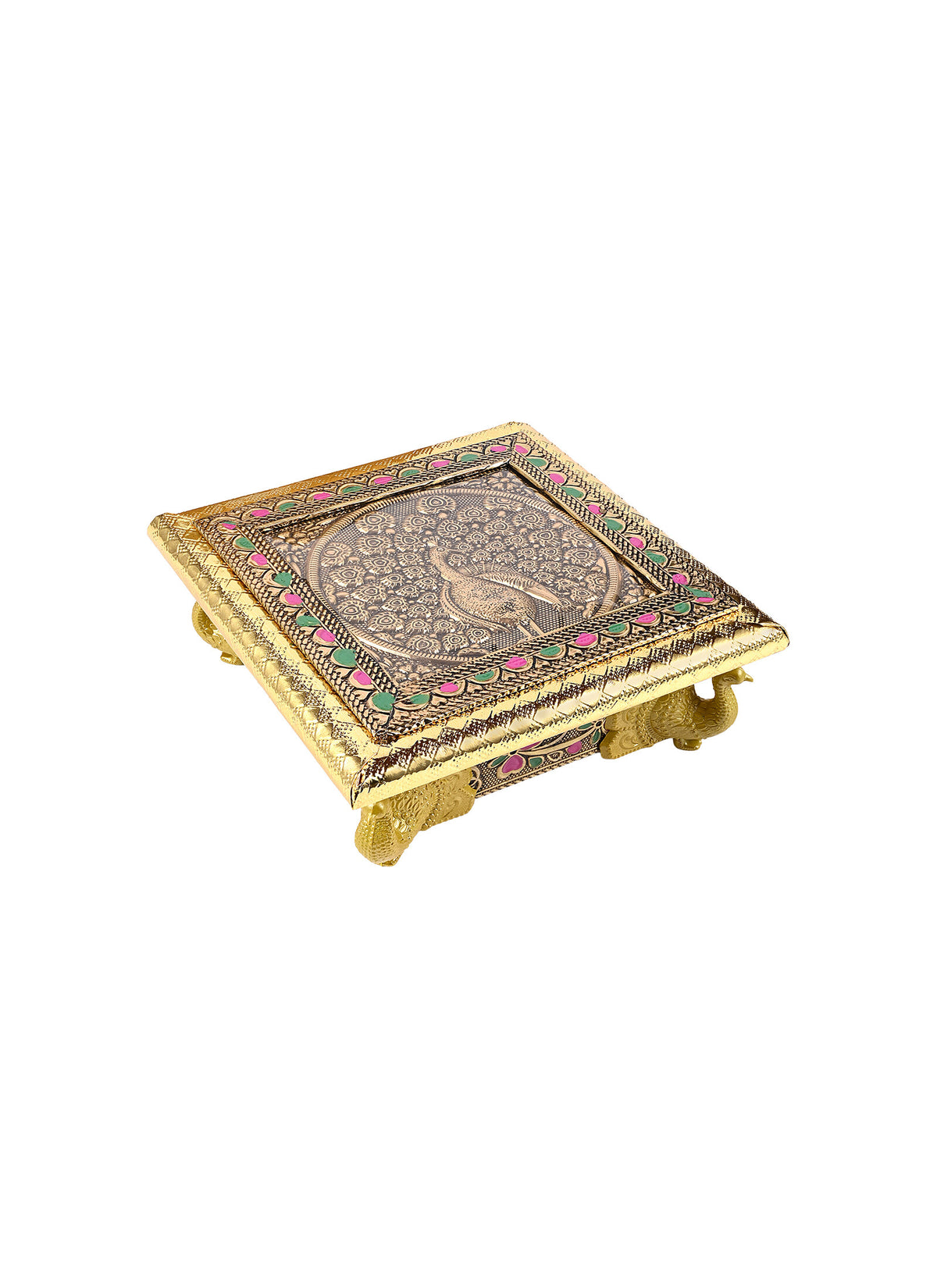Madhoor Peacock Pooja Chowki Gold-Tone 6 x 6 Inches