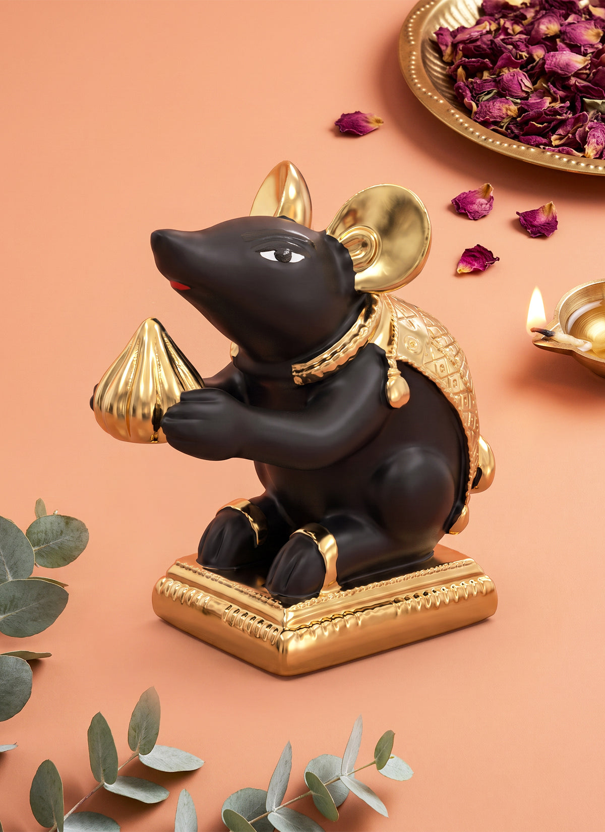 Madhoor Ganesha Mushak Figurine Gold-Tone Black 1 Piece