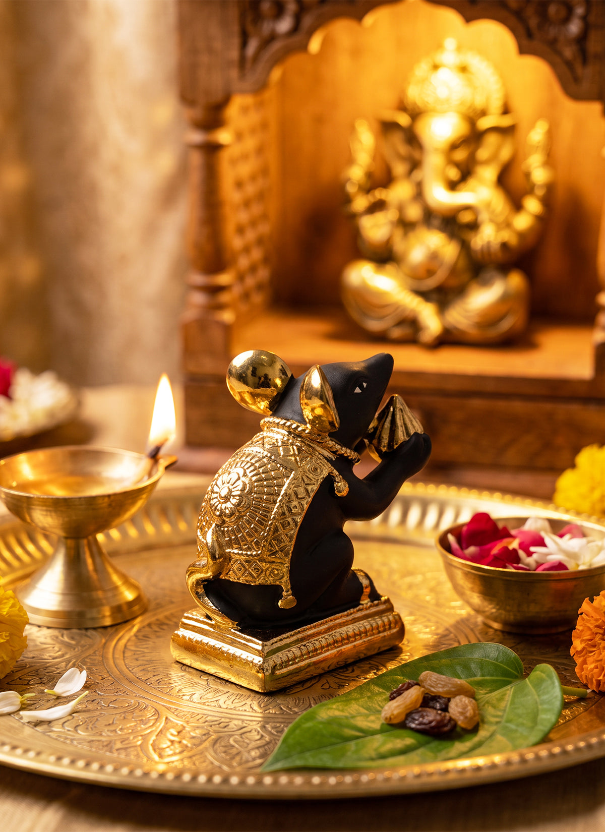 Madhoor Ganesha Mushak Figurine Gold-Tone Black 1 Piece