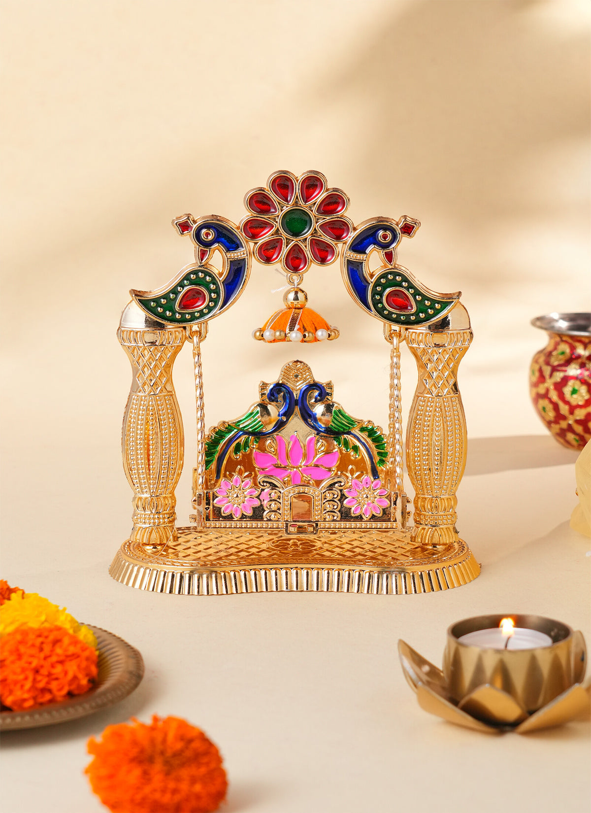 Madhoor Peacock Krishna Jhula Swing Green Pink Gold-Tone 1 Piece