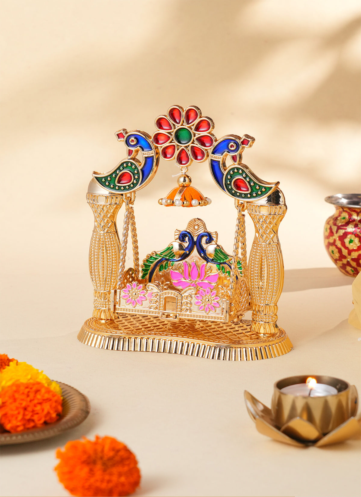 Madhoor Peacock Krishna Jhula Swing Green Pink Gold-Tone 1 Piece