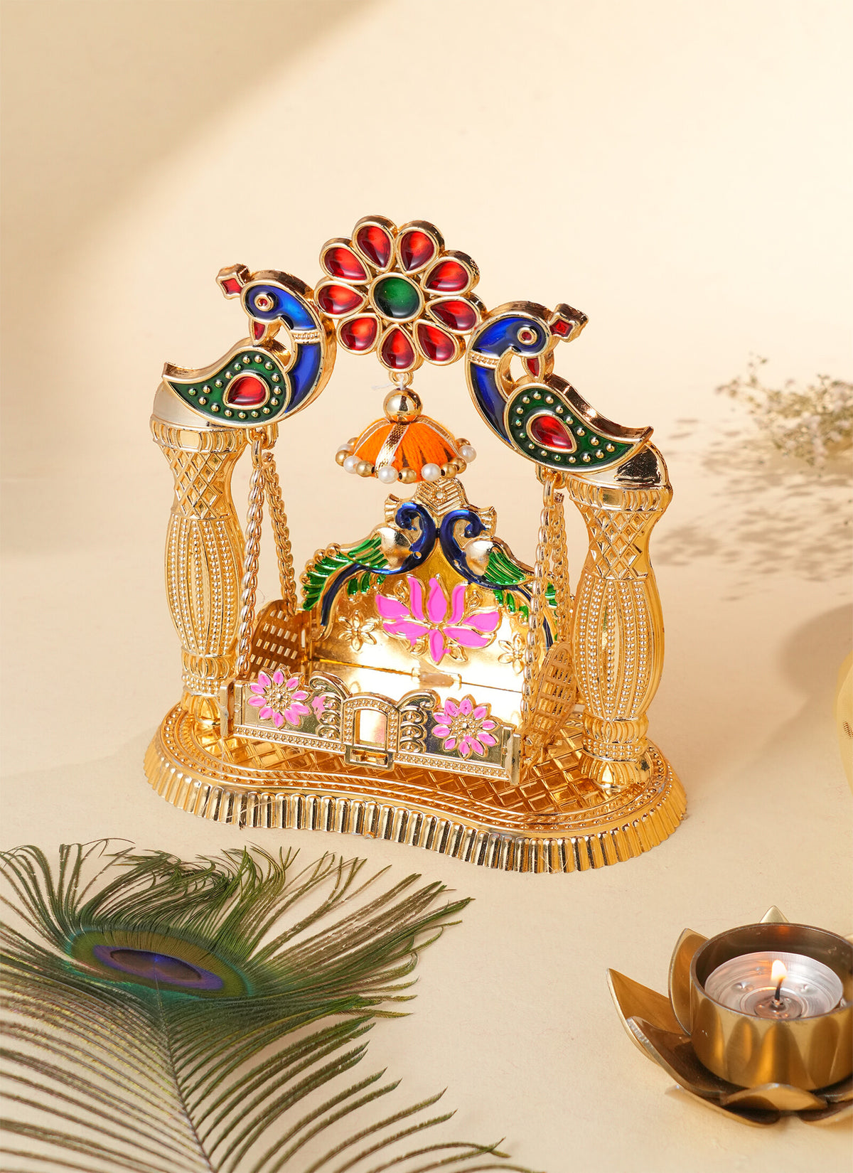 Madhoor Peacock Krishna Jhula Swing Green Pink Gold-Tone 1 Piece