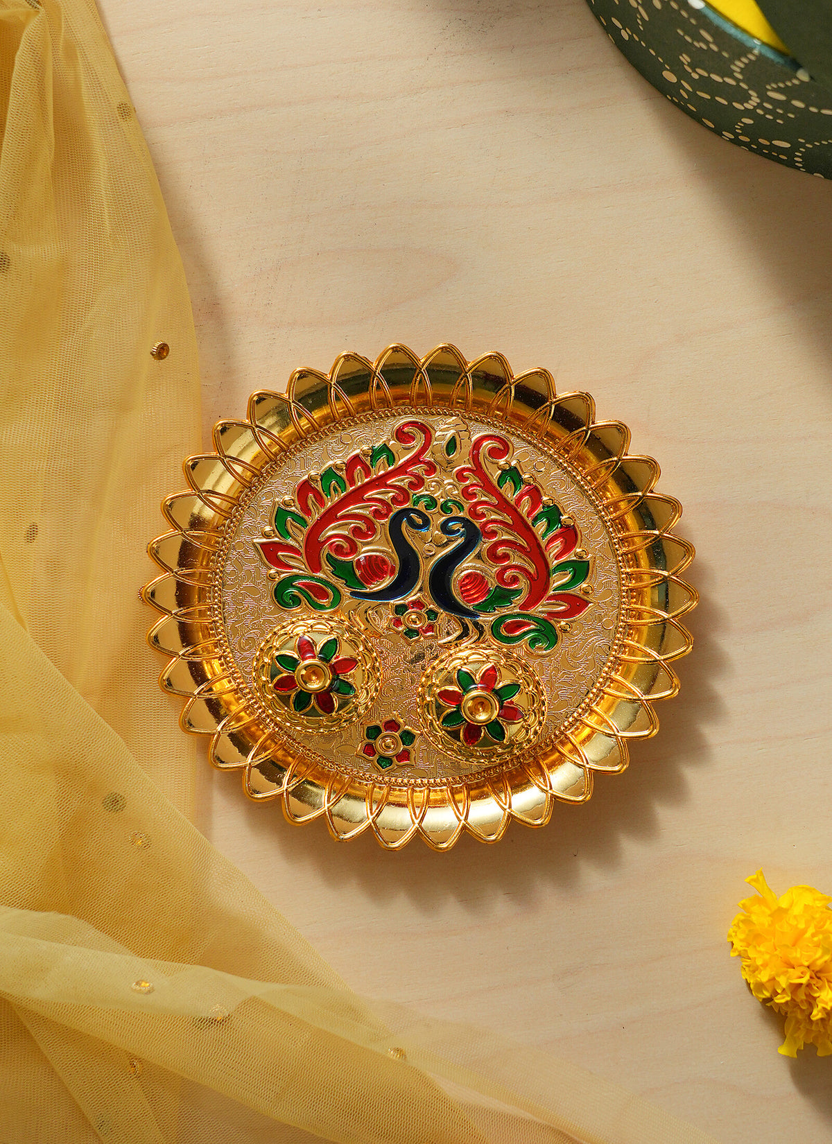 Madhoor Peacock Pooja Thali Gold-Tone 1 Piece