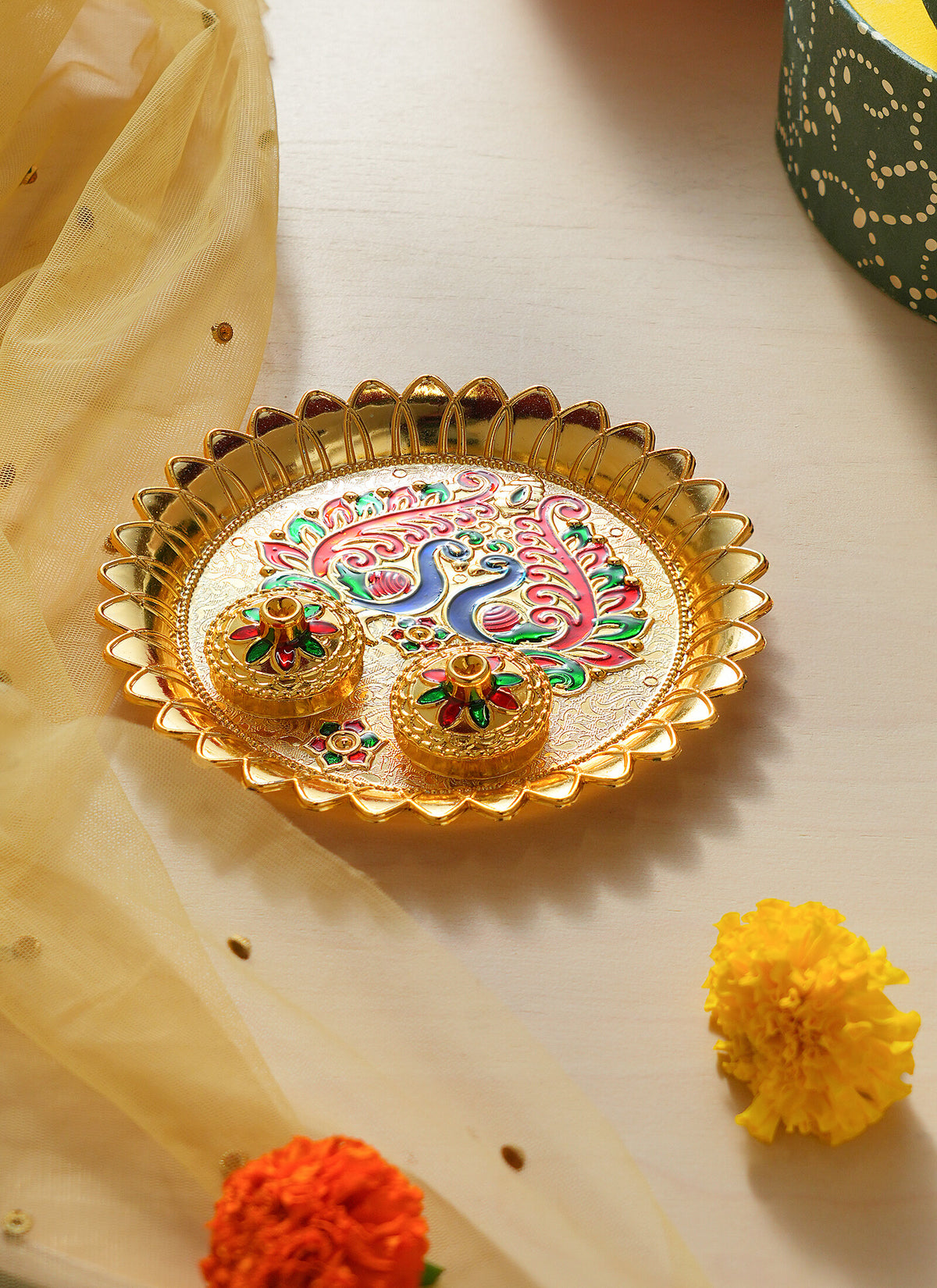Madhoor Peacock Pooja Thali Gold-Tone 1 Piece