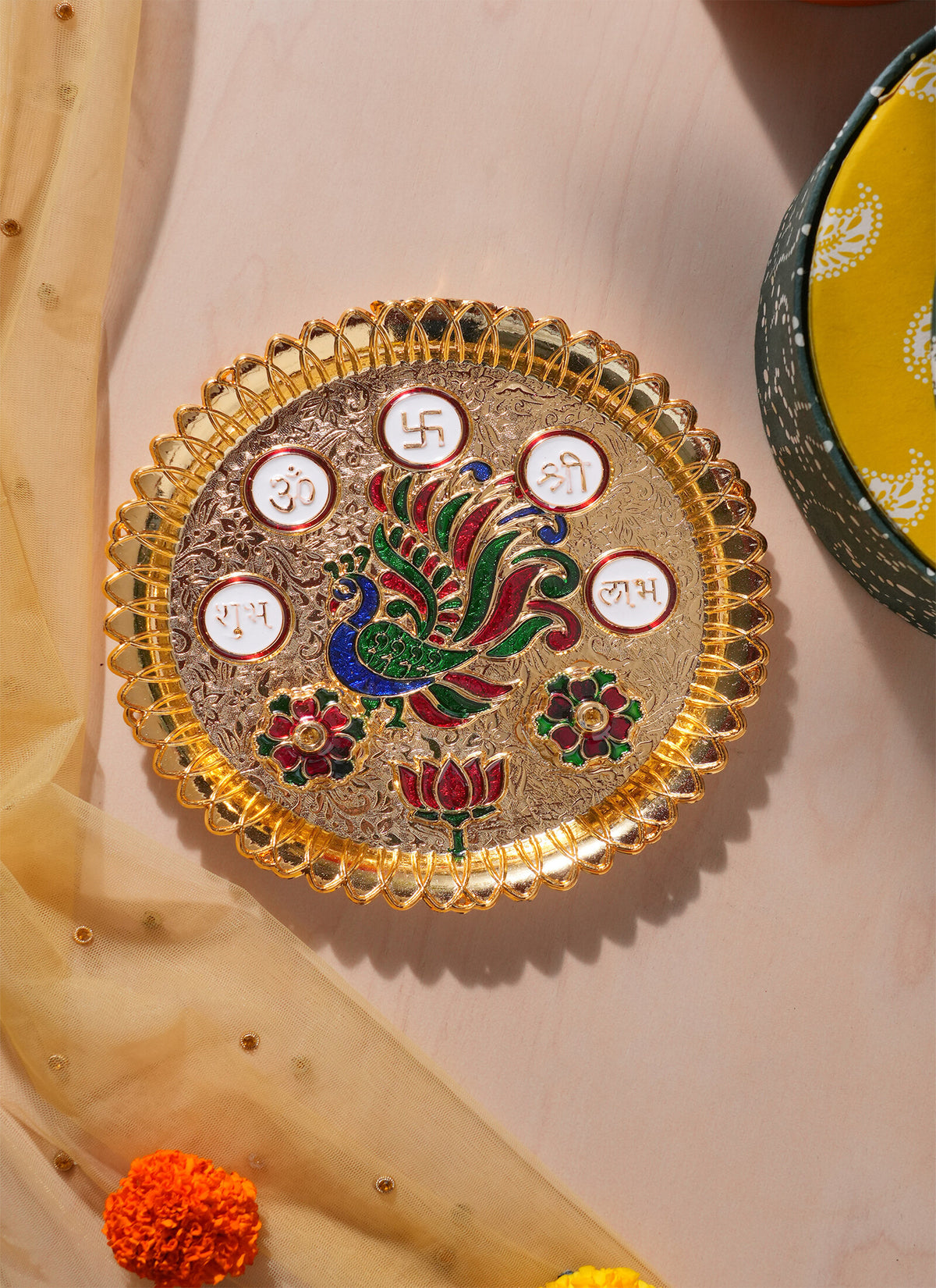 Madhoor Om Swastik Pooja Thali Multicolour 8 Inches 1 Piece