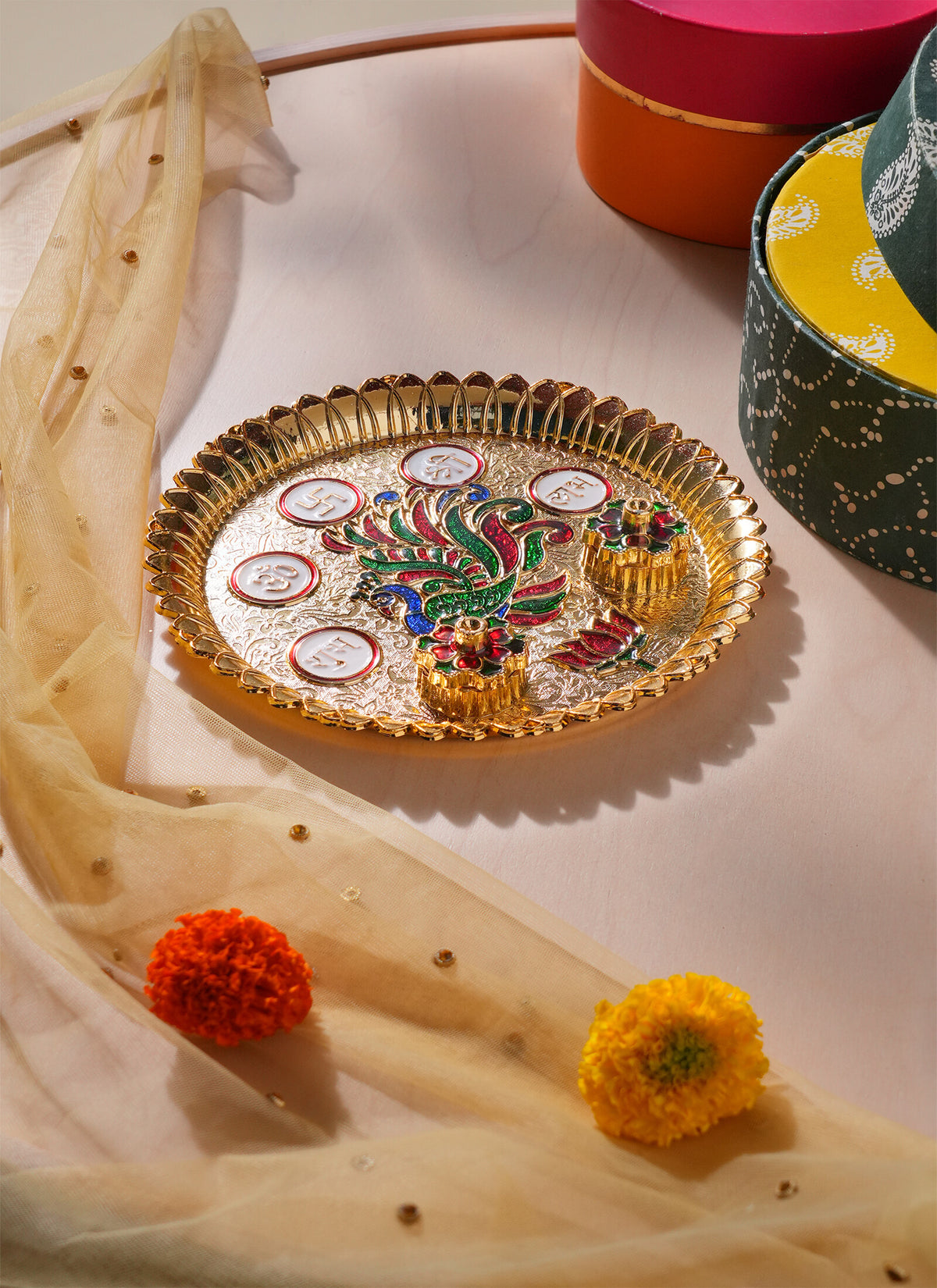 Madhoor Om Swastik Pooja Thali Multicolour 8 Inches 1 Piece