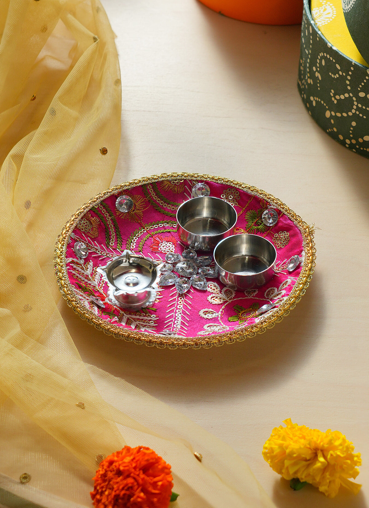 Madhoor Crystal Pooja Thali Rani Pink 1 Piece