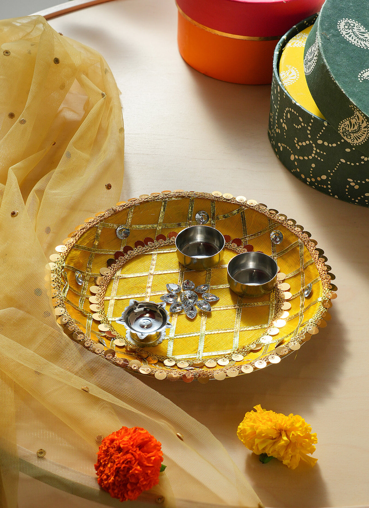 Madhoor Crystal Pooja Thali Yellow 1 Piece