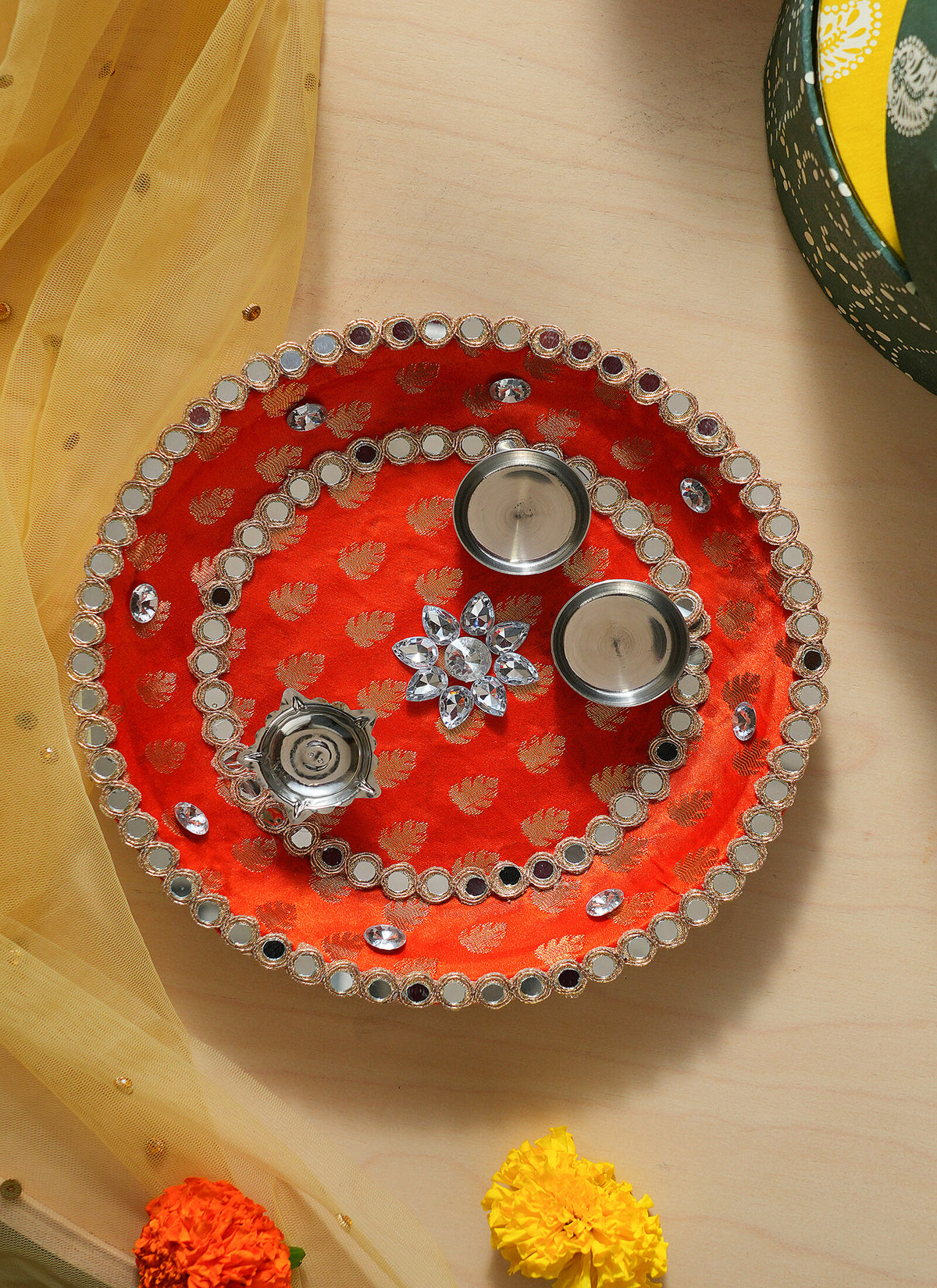 Madhoor Zari Pooja Thali Orange 1 Piece