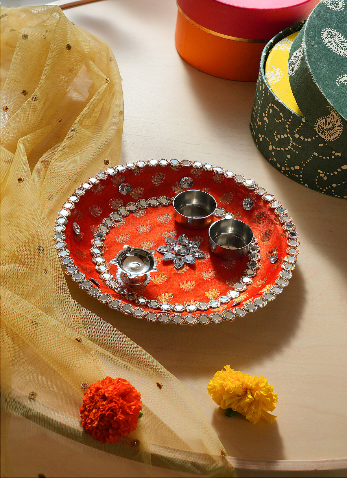 Madhoor Zari Pooja Thali Orange 1 Piece